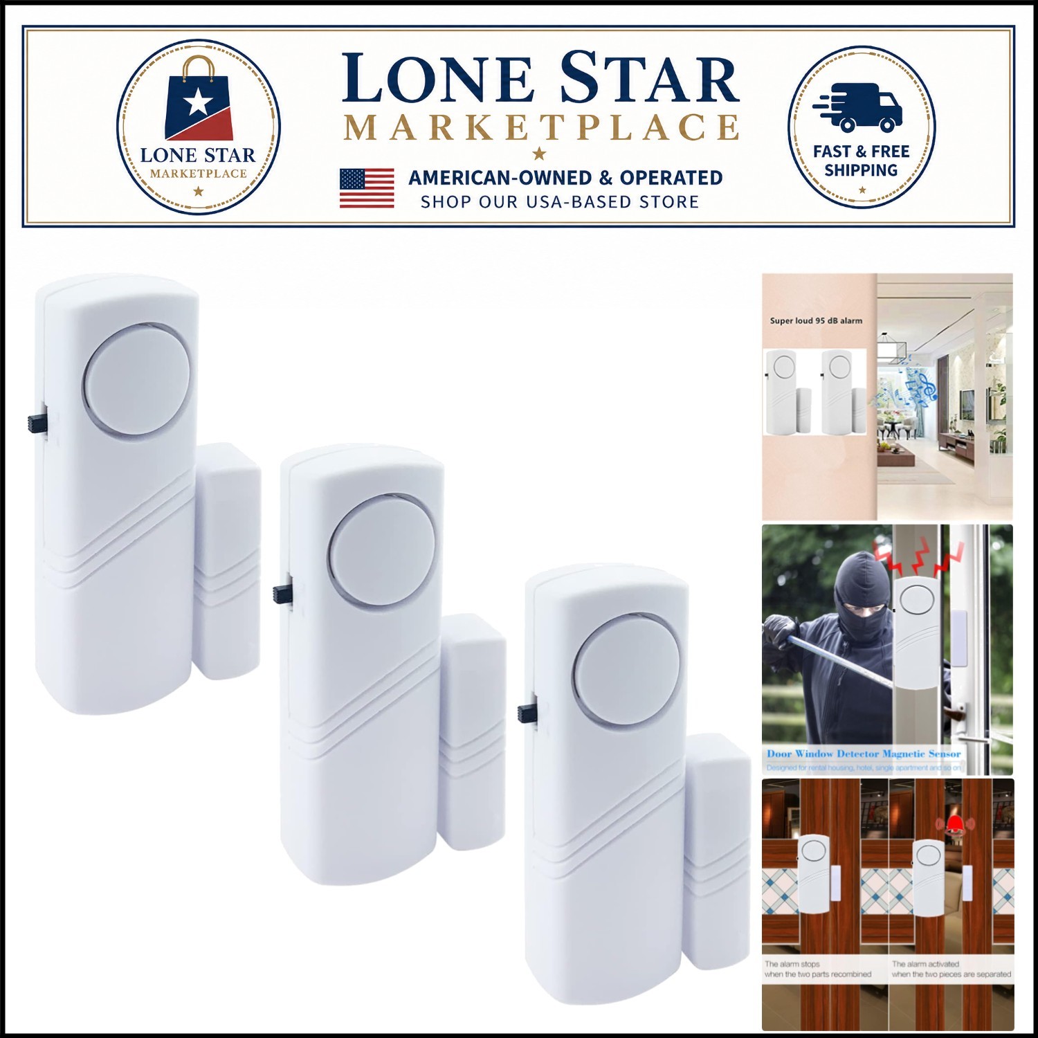 Easy-Mount 90dB Door Window Security Alarm - 3 Pack for Home and Office