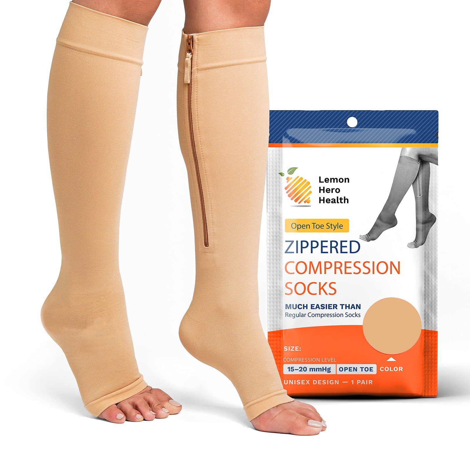 3X Large Beige Medical Compression Socks for Men Women Zip Guard Support