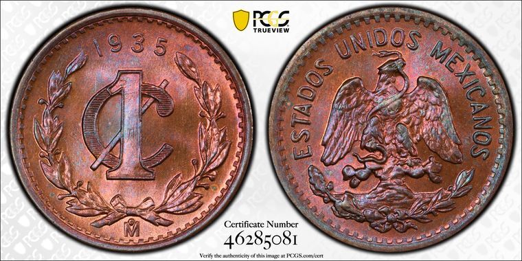 1935 Mo PCGS MS65 RB - MEXICO - TONED 1 Centavo 1c Coin #43513A
