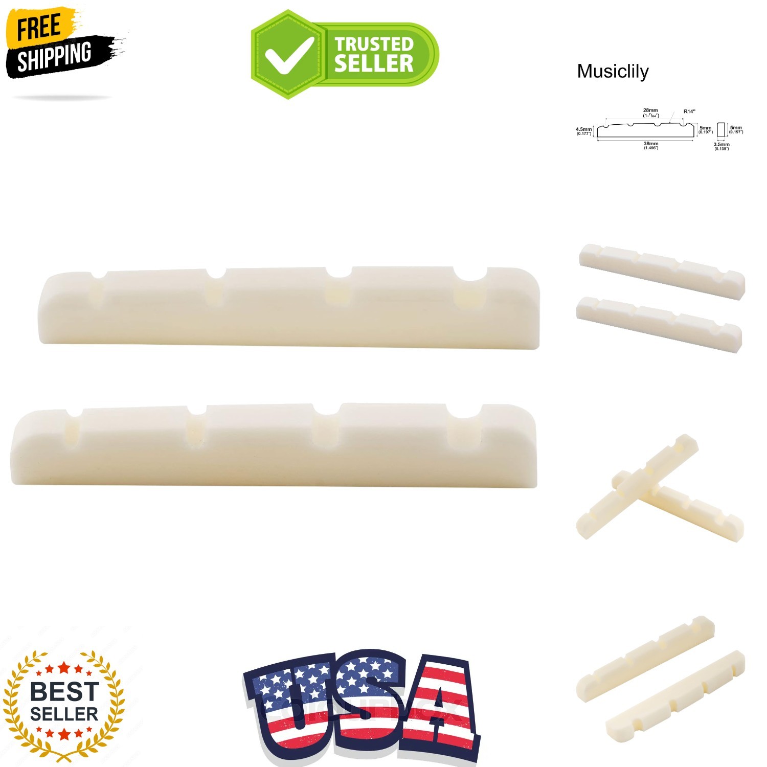 Basic 38mm Flat Bottom Bone Slotted Bass Nut for 4 String Bass Guitar, 38 * 3...