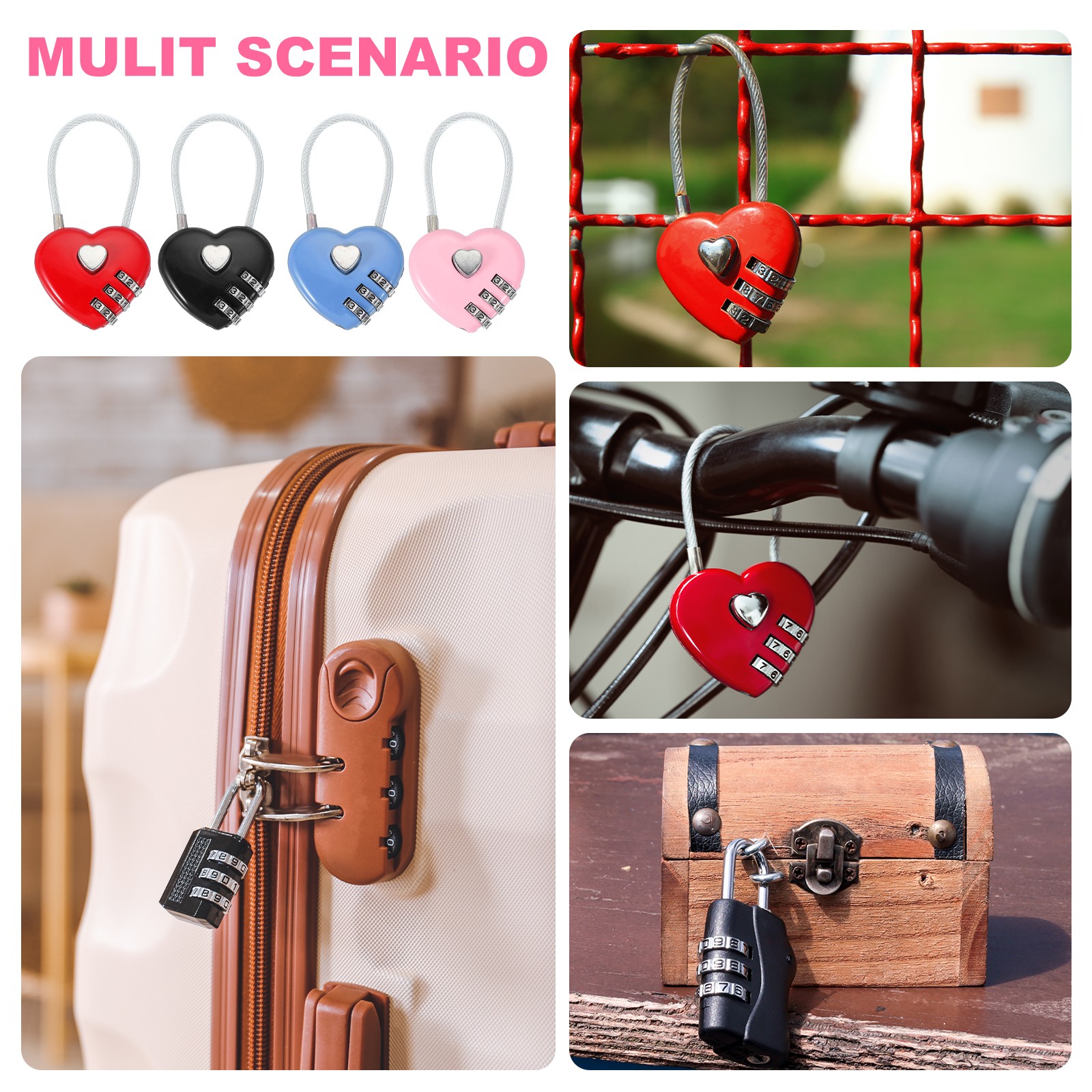 3Pack Heart Padlock Heart Shape Love Lock Combination Lock Locker Locks Red