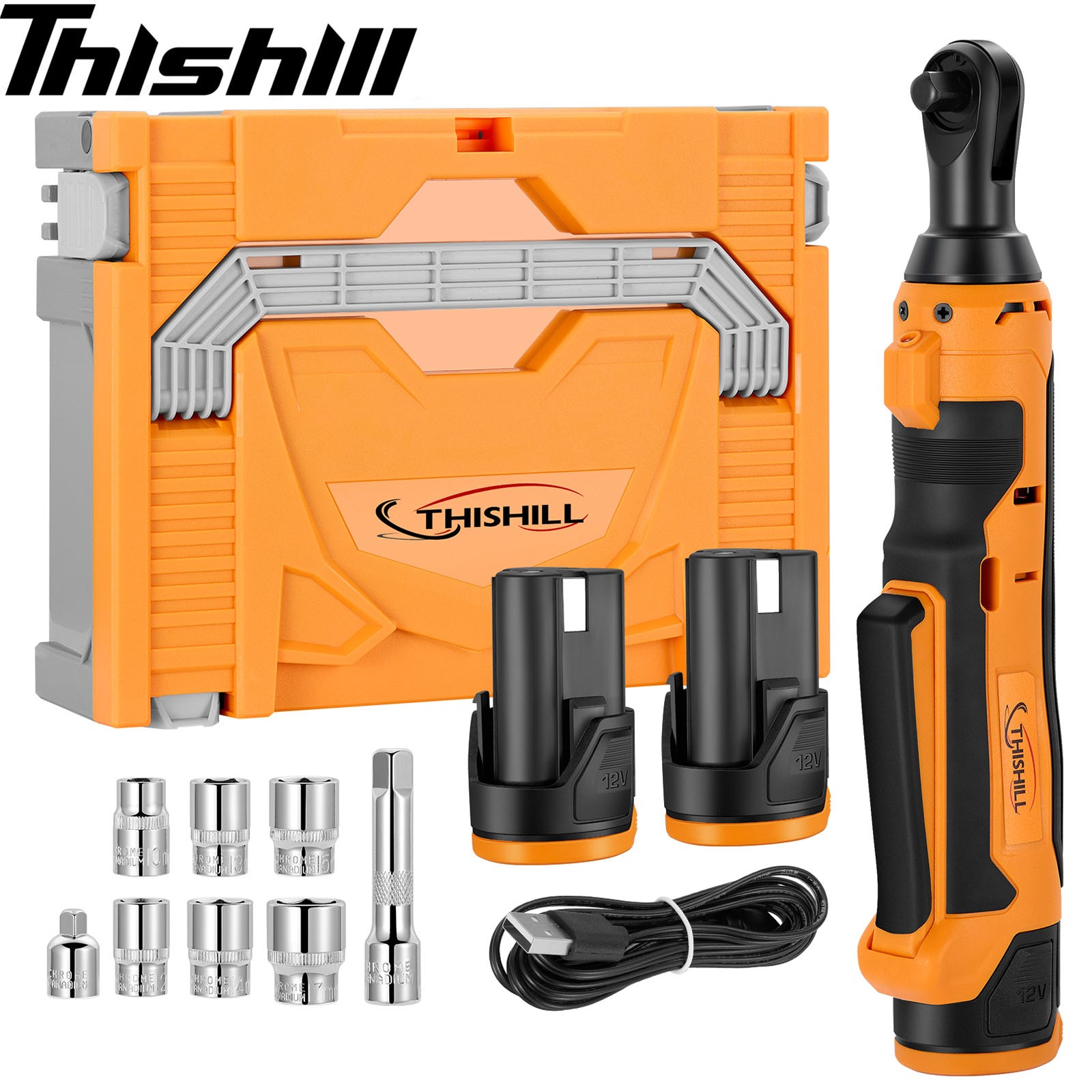 Thishill 3/8"  Ratchet Wrench Set 7 Sockets and Charger for Automobile Engine
