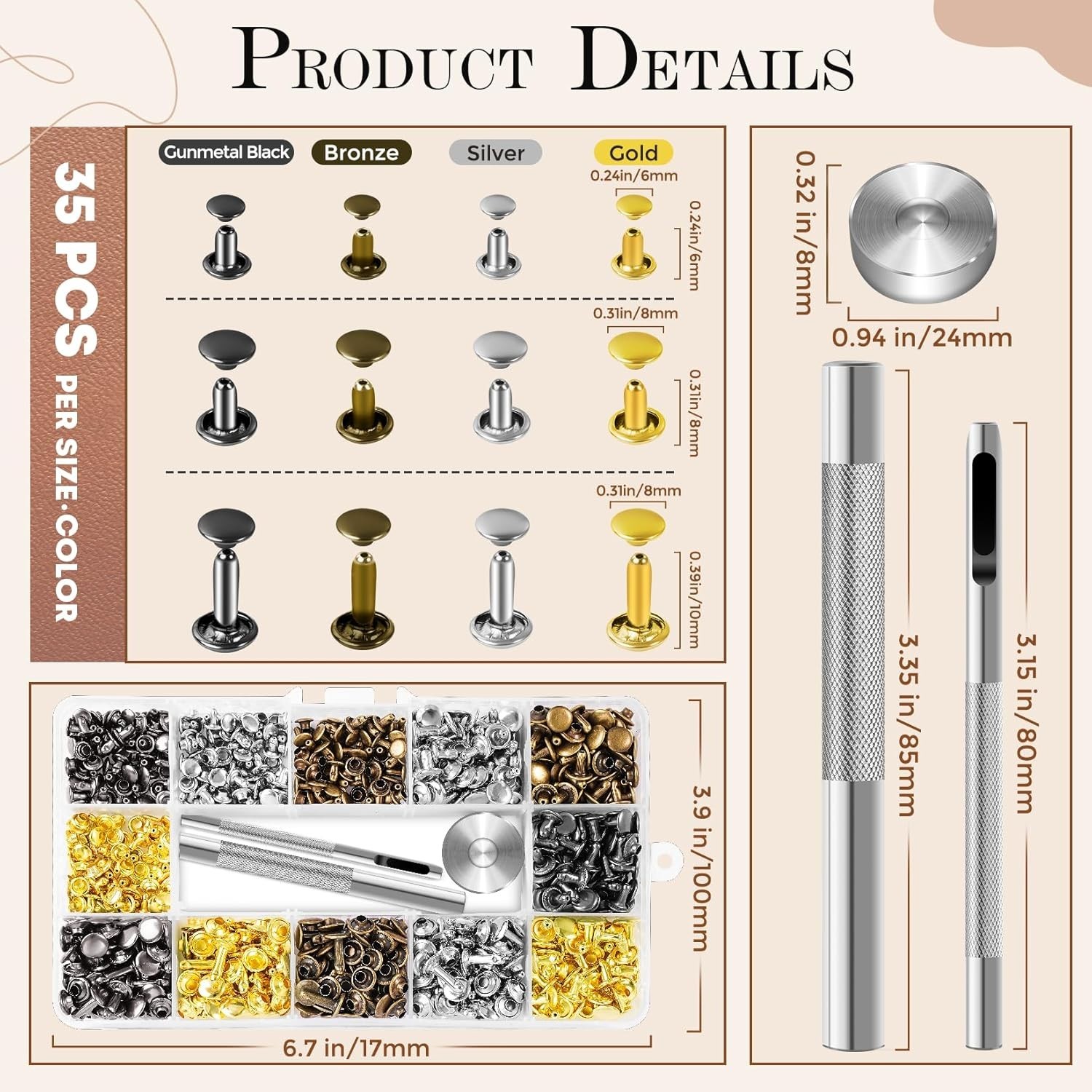 Complete Leather Rivet Kit: 420 Sets, 4 Colors, and 3 Essential Tools Included