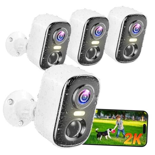 Outdoor Security Camera Wireless, 2K Battery Powered WiFi 4 Pack Cam White