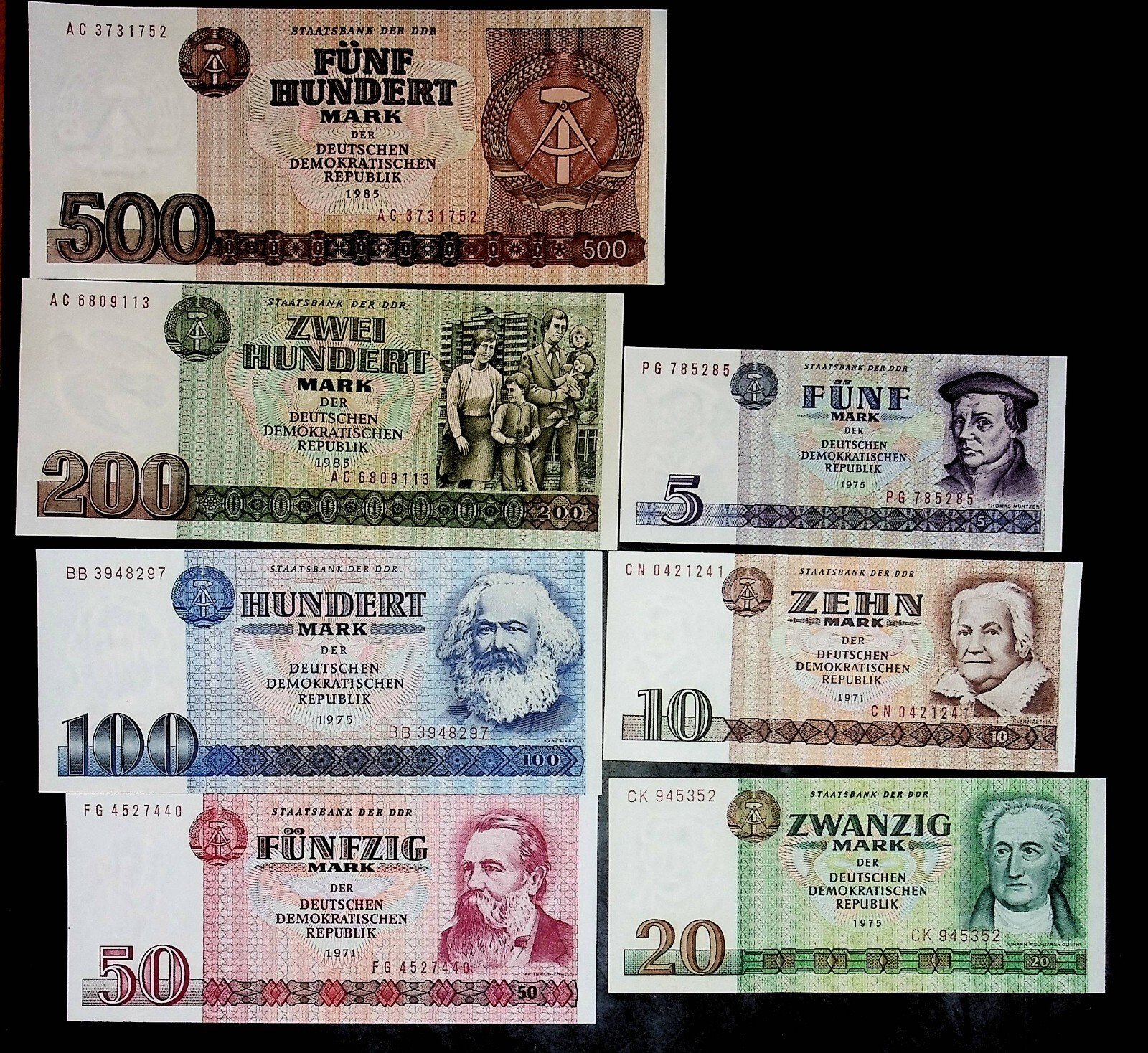 1985 East Germany 500 to 5 Mark Banknote  Set Uncirculated