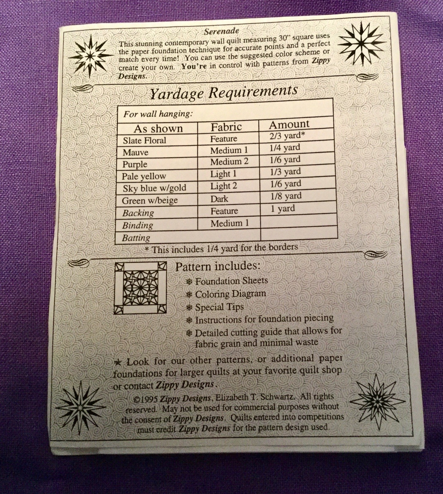 1995 Zippy Designs Quilt Pattern "Serenade" Paper Foundation Technique