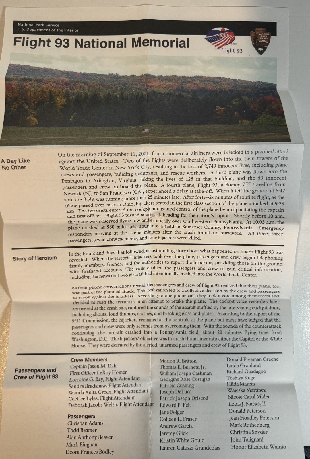Flight 93 National Memorial Brochure Vintage Folding 9/11 Airplane Crash Site