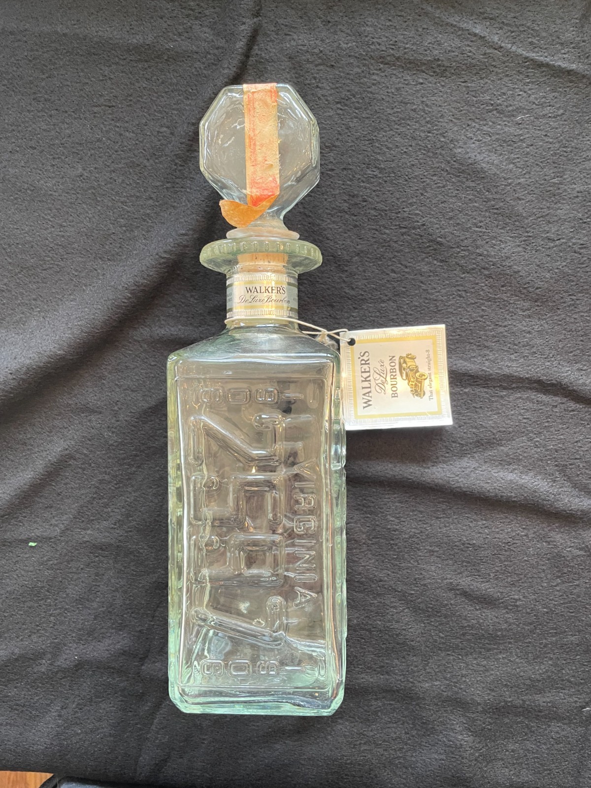 Vintage Walker's DeLuxe Bourbon license plate decanter W/Tag