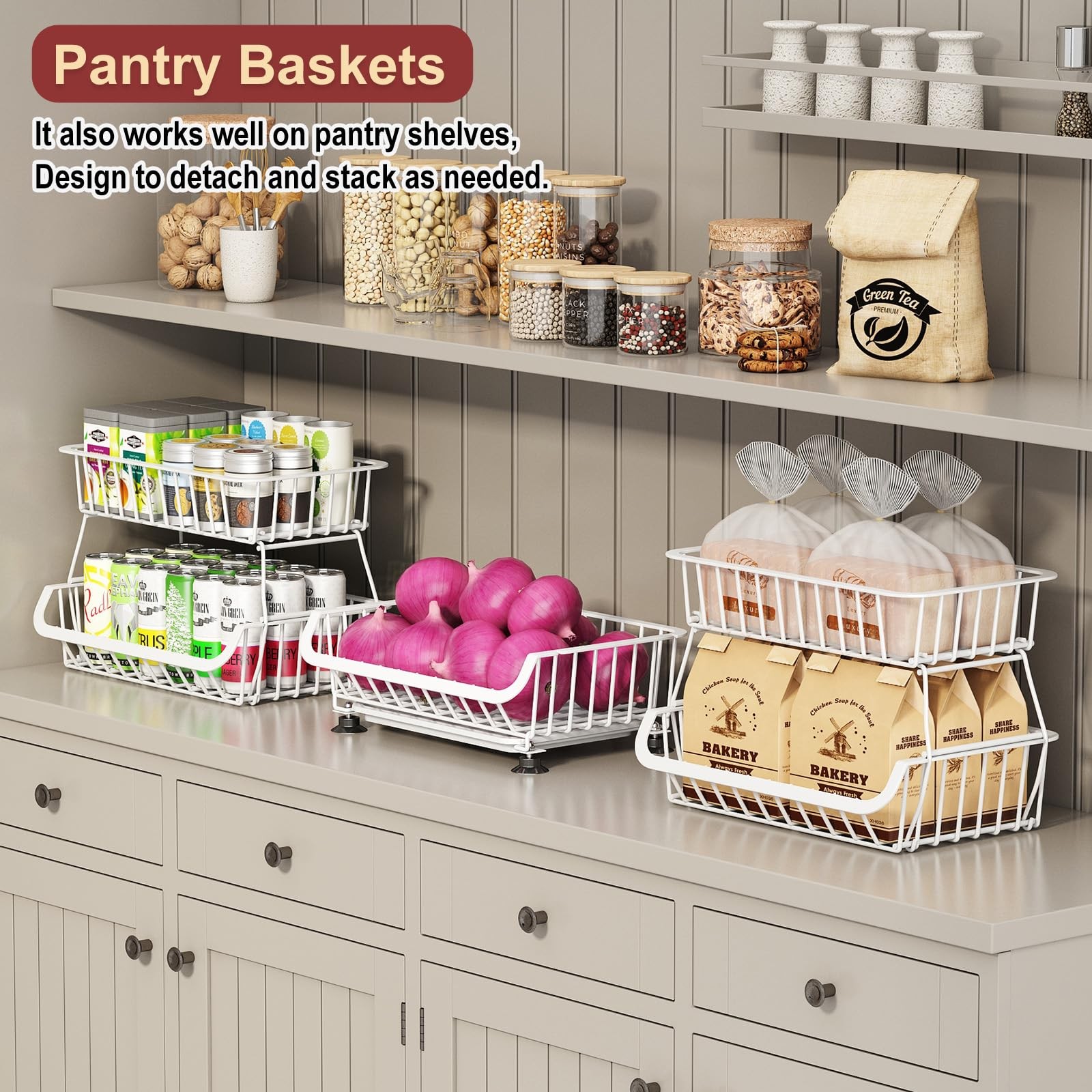 3Tier Rolling Pantry Cart w/Wheels Stackable Wire Storage Organizer White