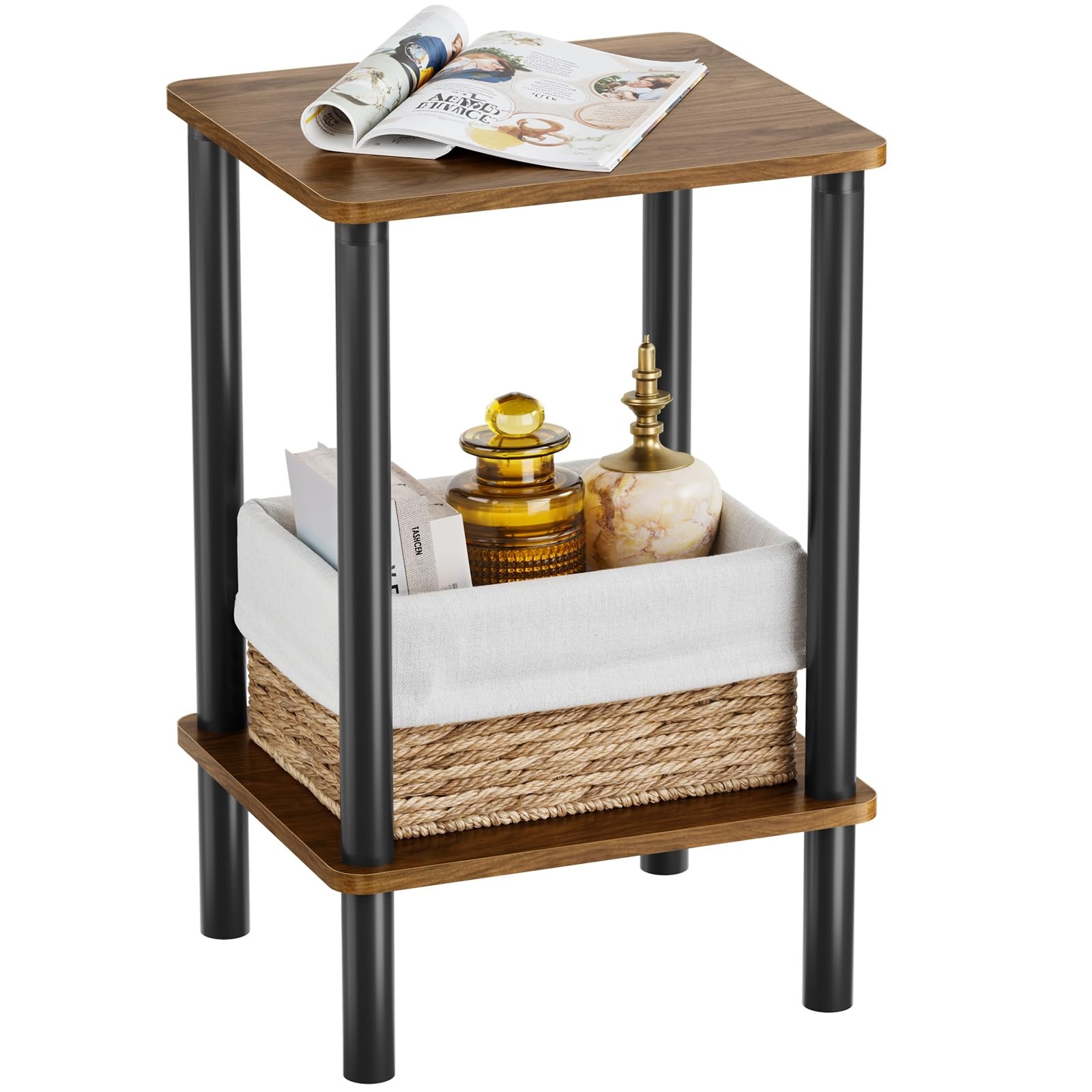 Open Shelves Side Table with Storage, 2-Tier Living Room End Tables, Night Ta...