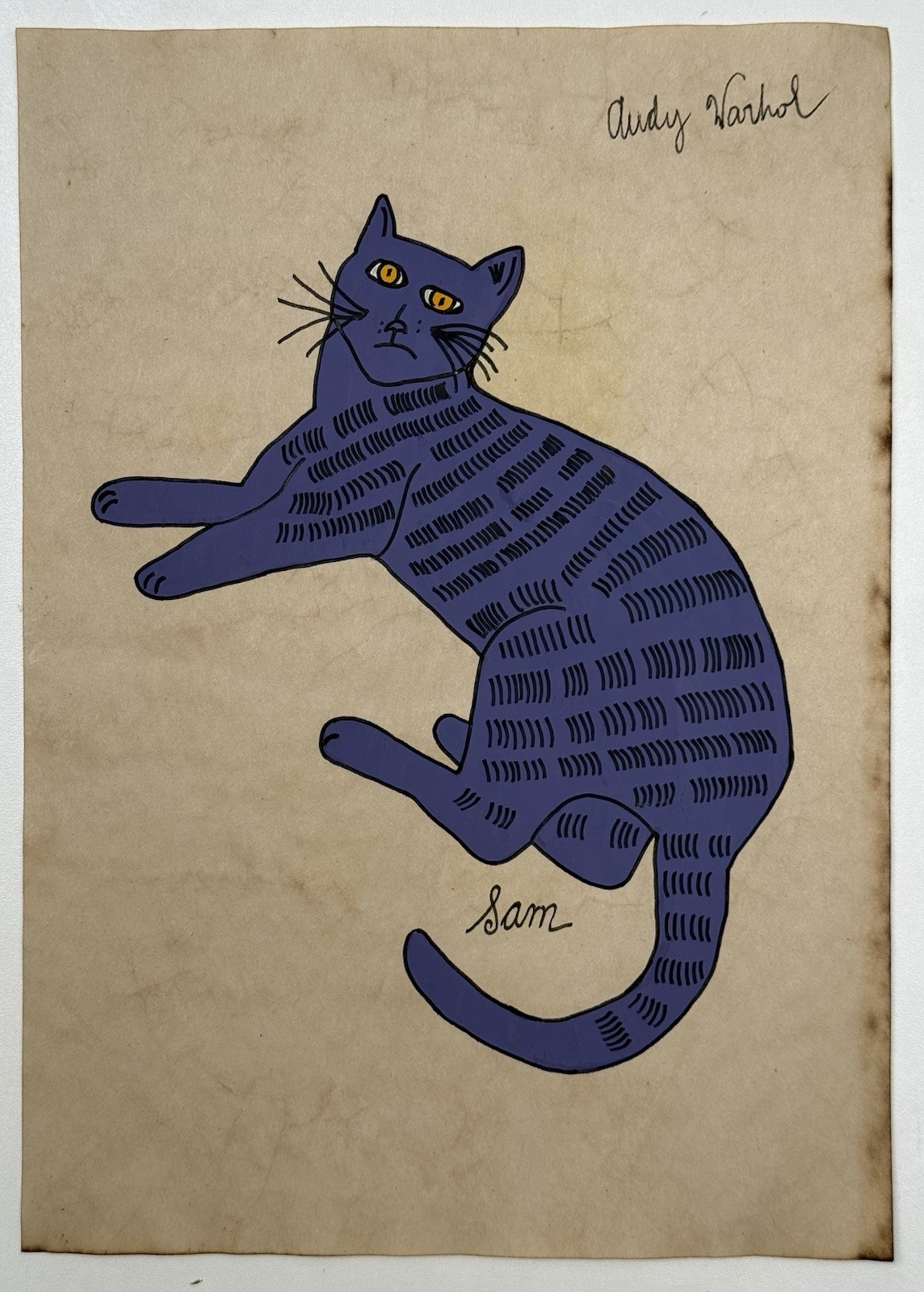 Andy Warhol (Handmade) Drawing On Old Paper Signed & Stamped, vtg art