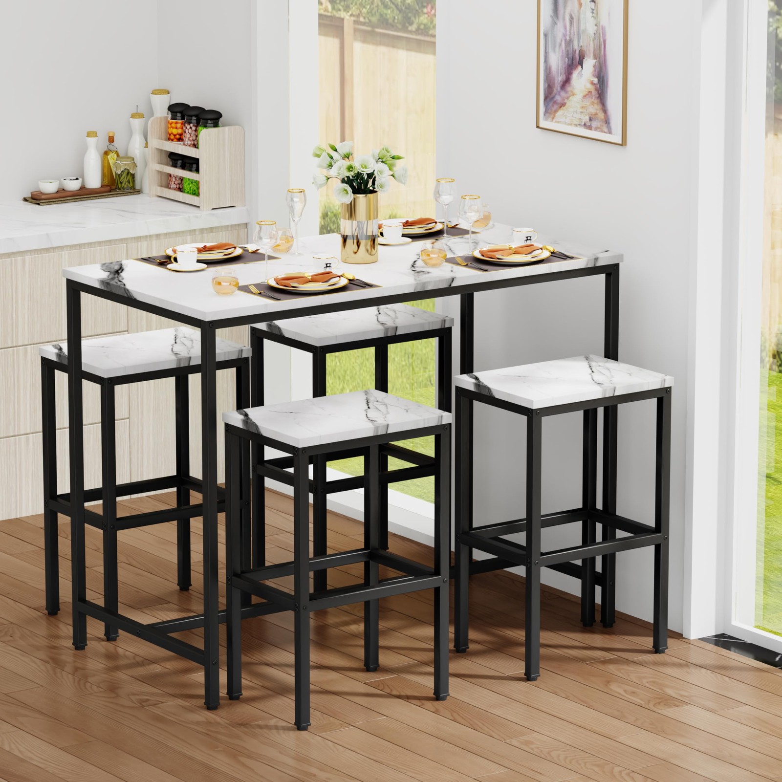 Aklaus 5 Piece Bar Table Set Kitchen Dining Table Set for 4 Modern Counter Heigh