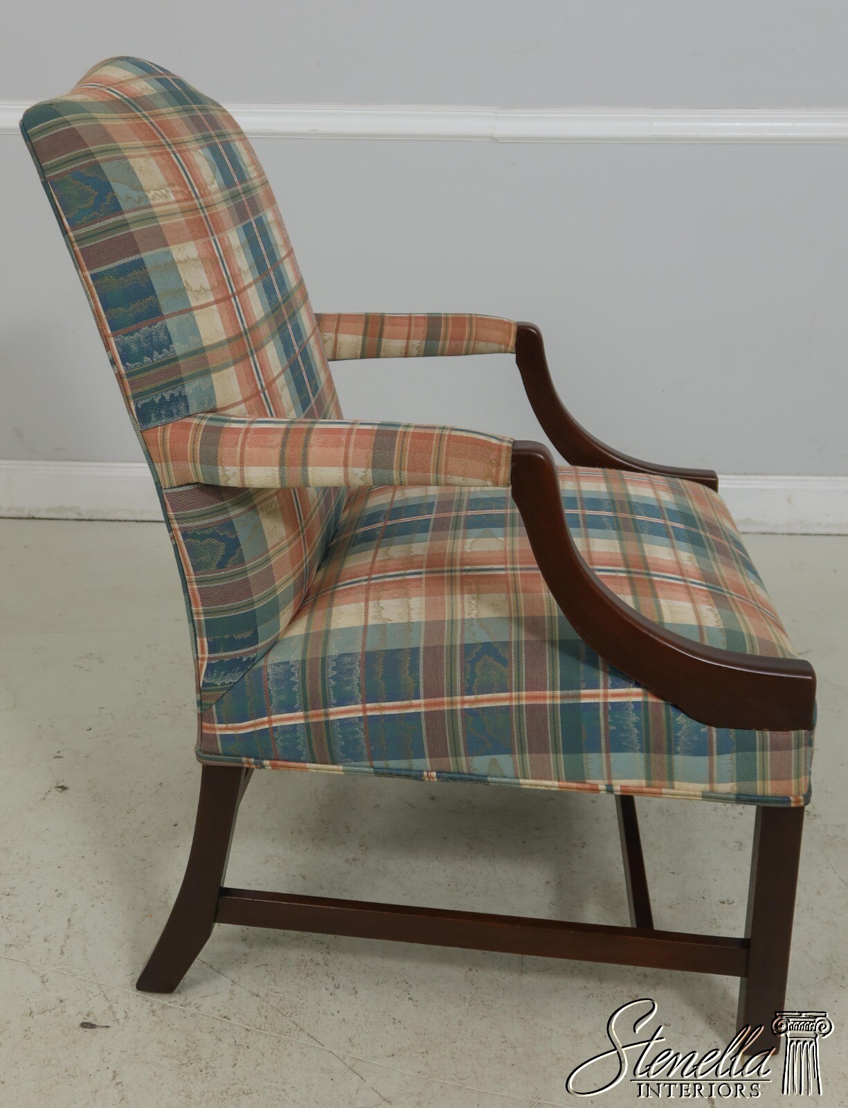 F61252EC: Chippendale Mahogany Upholstered Open Arm Library Chair