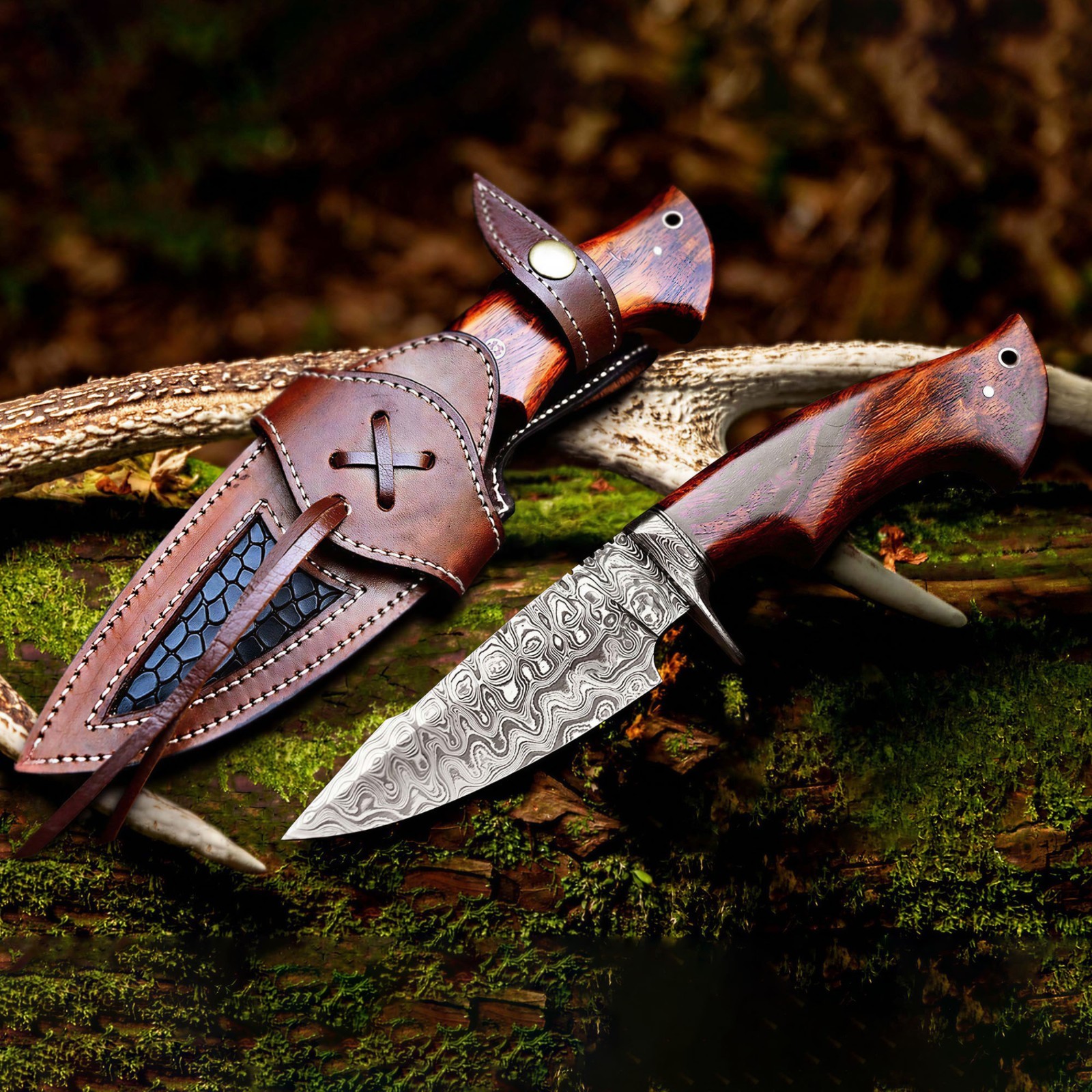 Handmade Damascus Steel Hunting Knife 10" Rosewood Handle Camping Survival