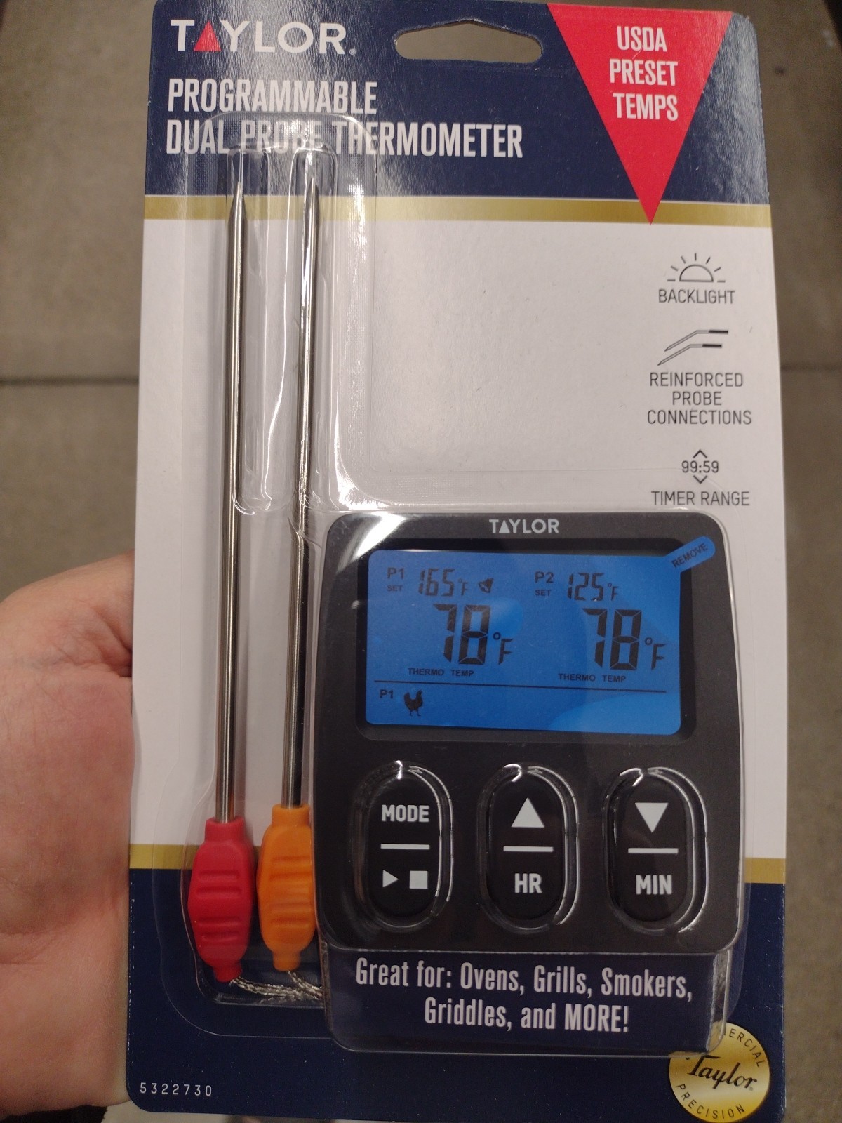 Taylor Programmable Dual Probe Digital Grill Food Thermometer, Stainless Steel,