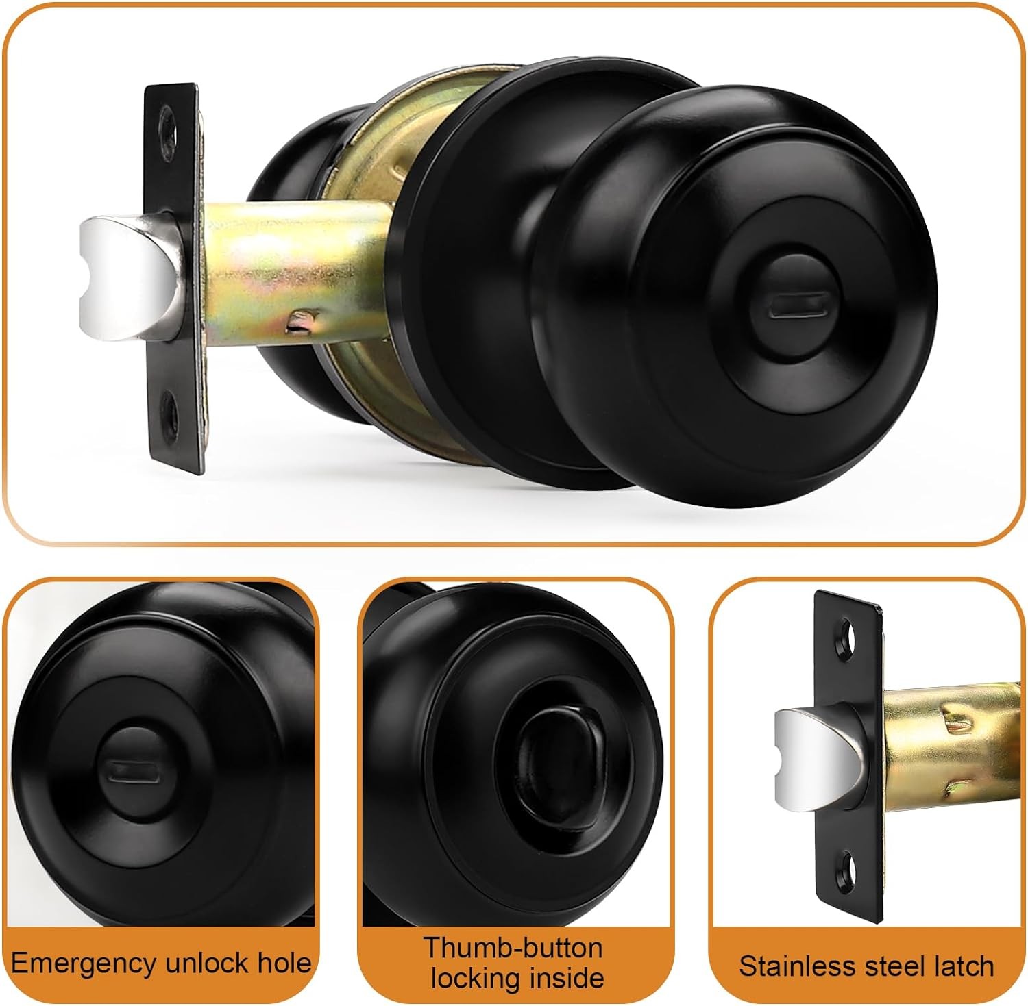 Probrico Black Door Knobs, Flat Ball Interior Bath/Bed 10 Pack,