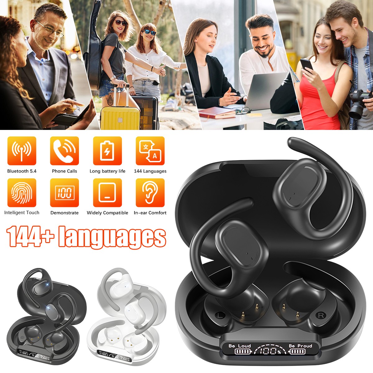 Wireless OWS Open-Ear Headphones w/144-Lang Translation 50Hrs Air Conduction US