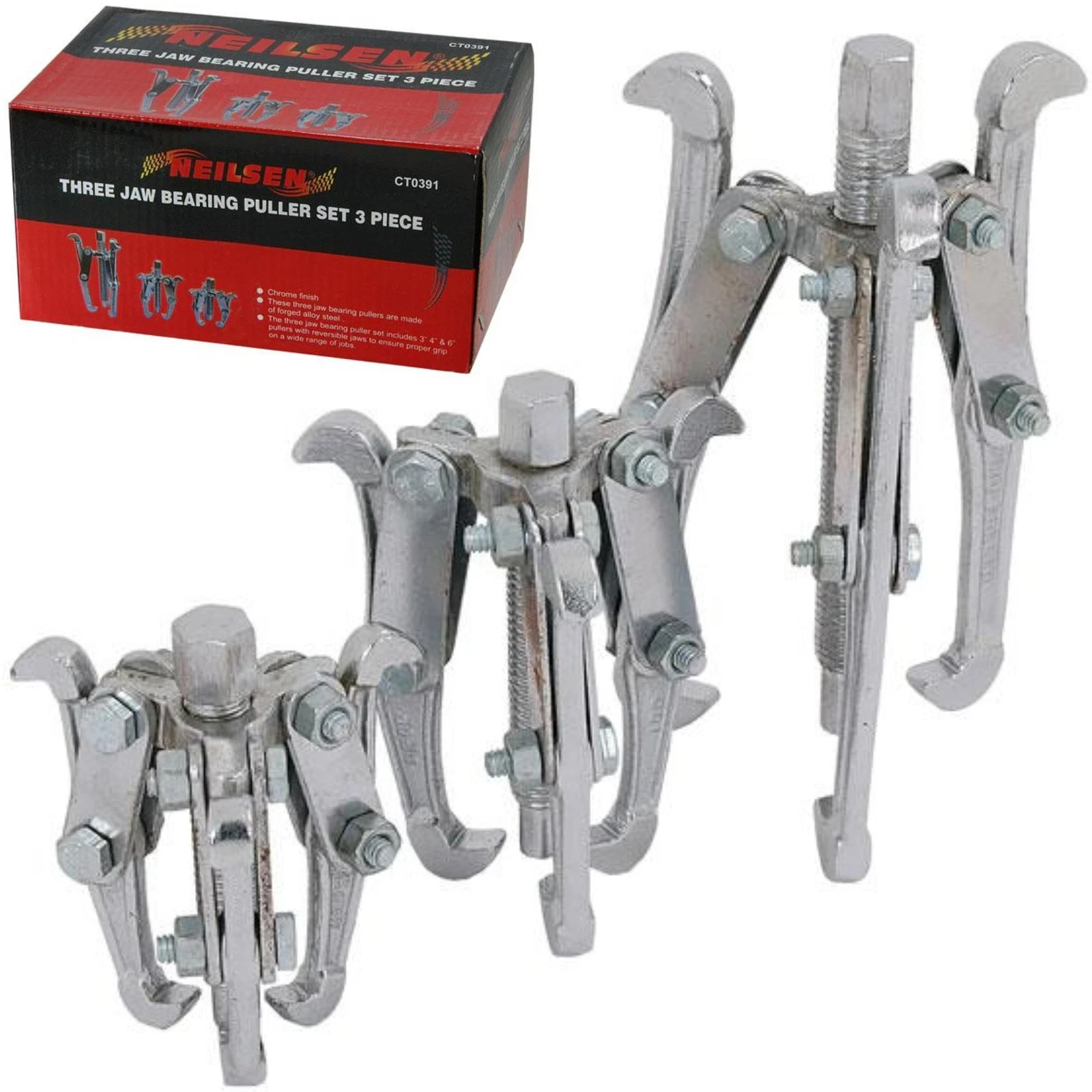 Neilsen 3pc Three Jaw Bearing Puller Set 3 4 6 Inch Gear Hub Removal Tool