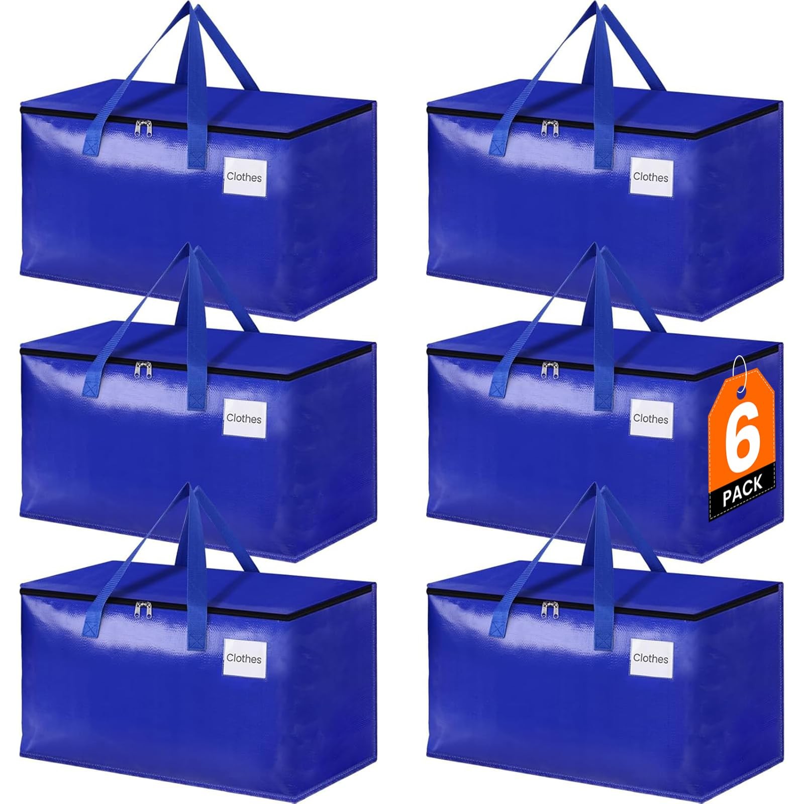 6 Pack Blue 93L Heavy Duty Moving Bags with Zippers Handles and Tag Pocket