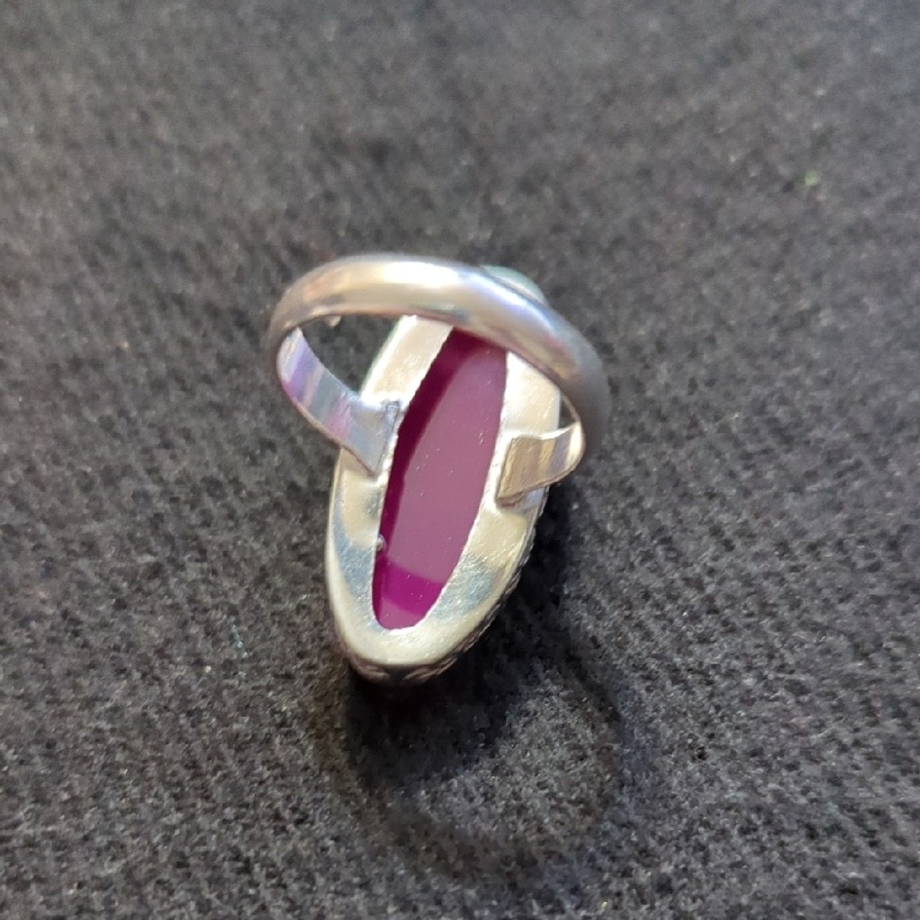 Silver Plated Pink Agate Gemstone Oval Statement Ring - Size 9