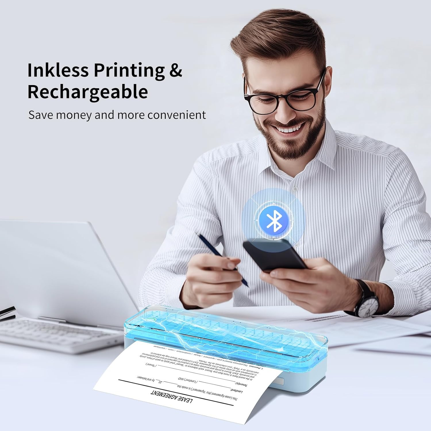 300DPI Portable Printer Wireless for Travel, Inkless Small Bluetooth Printers fo