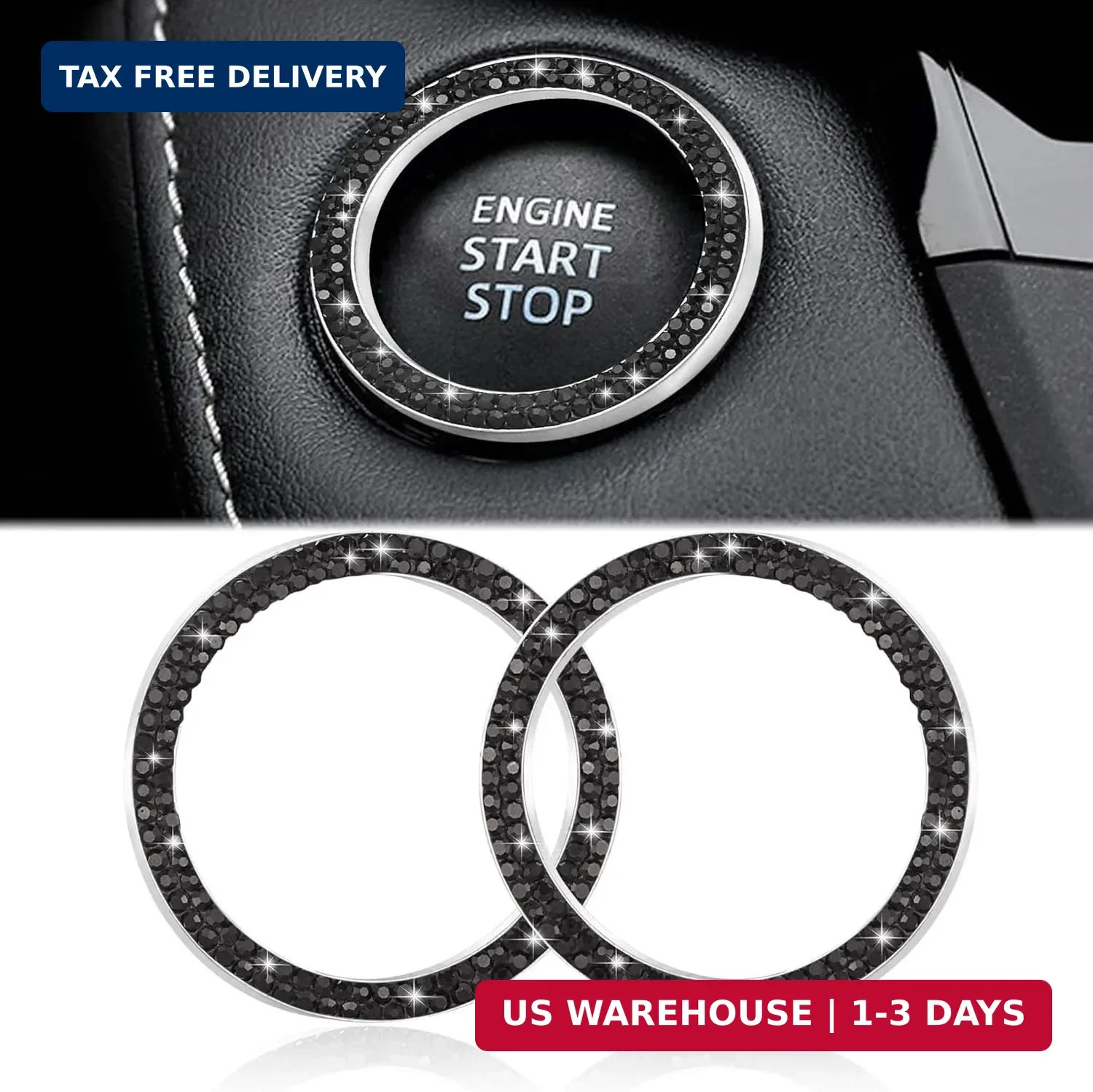 2pcs Bling Car Engine Start Button Cover Diamond Crystal Push Start Stop B