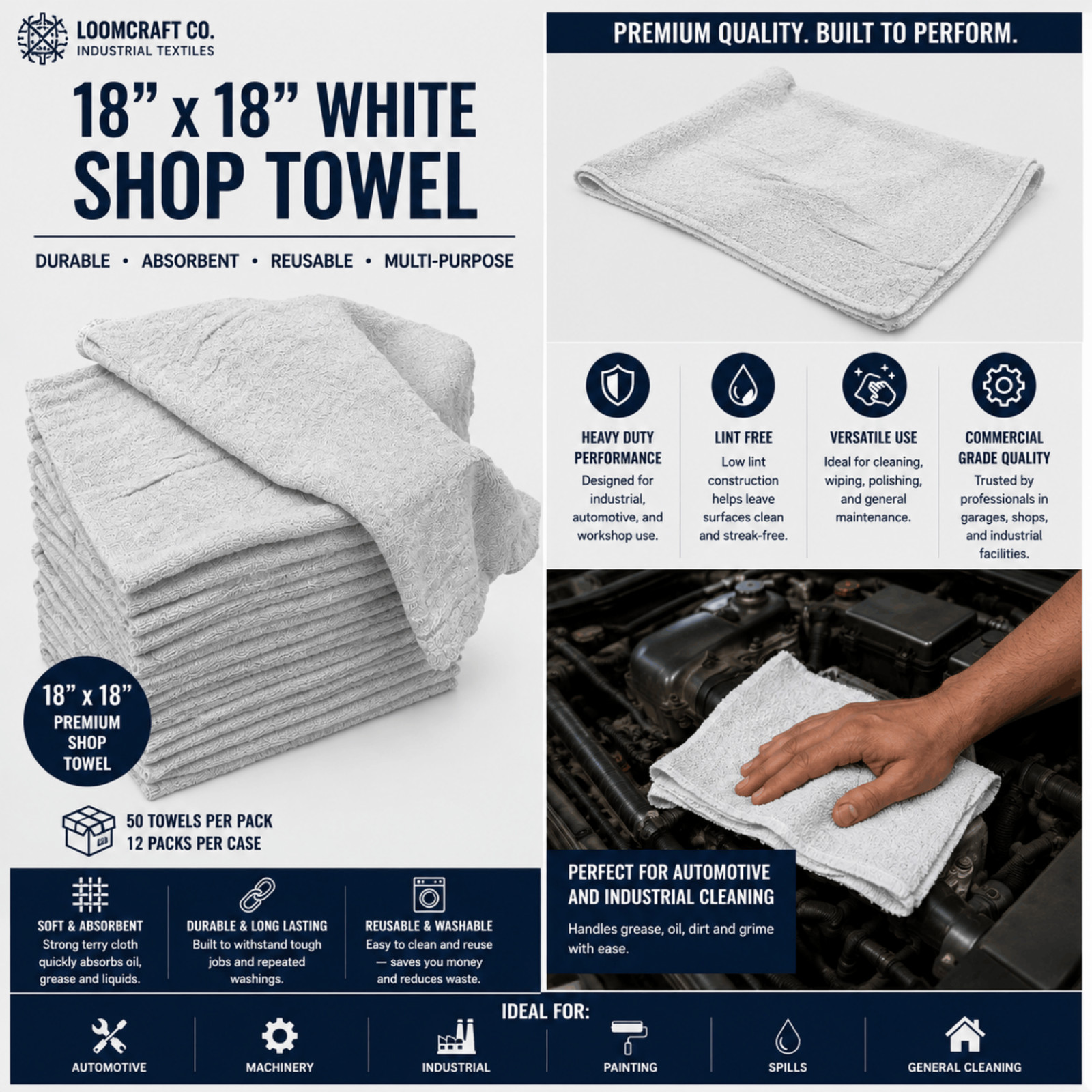 18x18 White Shop Towel Heavyweight Commercial Mechanic Garage Cleaning Rag