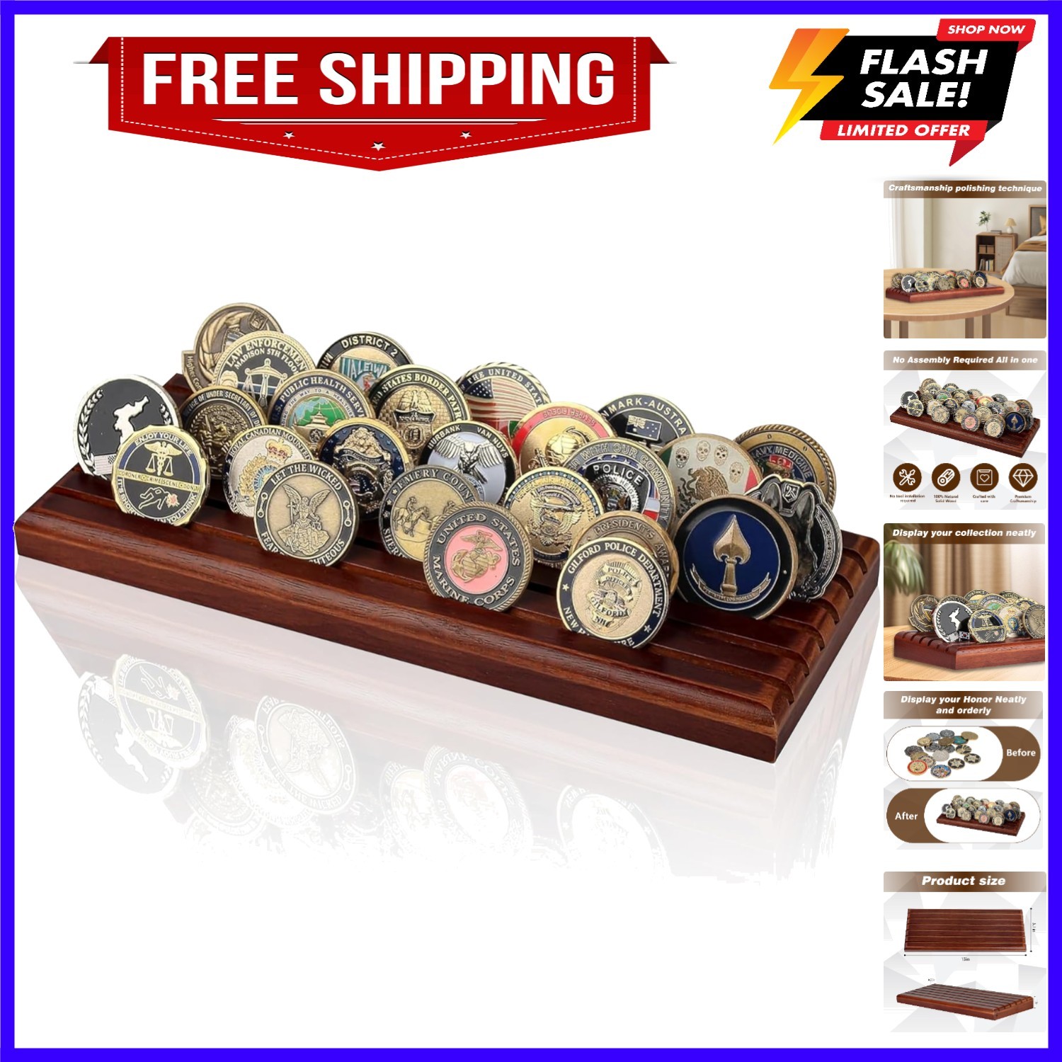 Challenge Coins Display Holder, Solid Wood Challenge Coin Stand, 6 Row Coins ...