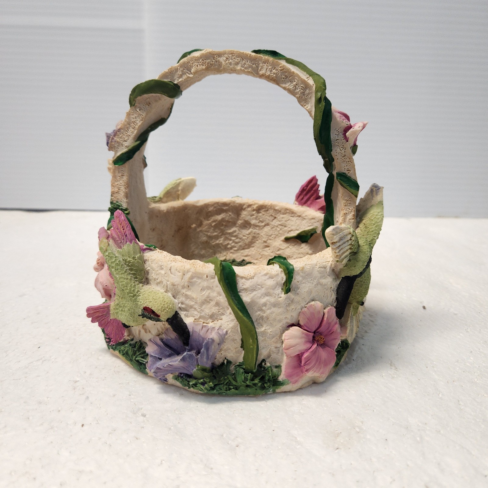 Hummingbird Flowered Handled Basket Trinket Dish Small Garden Floral Decor