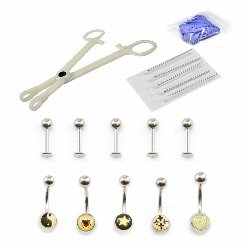 17pc Professional Piercing Kit  Logo Belly Rings,Labrets,Forceps,Needles, Gloves