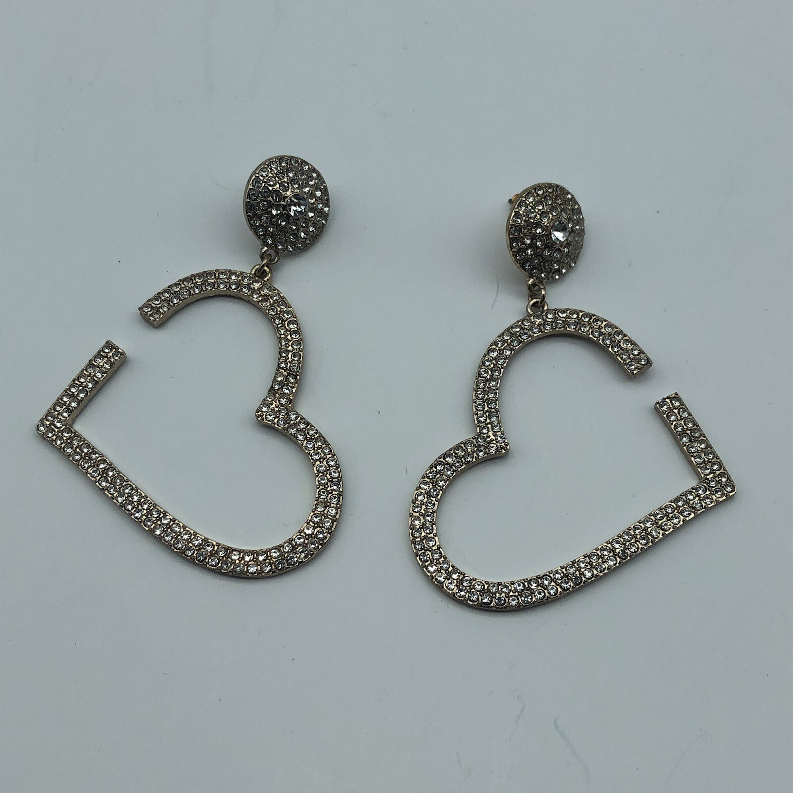 Pave Rhinestone Heart dangle earrings large hoops Whimsical