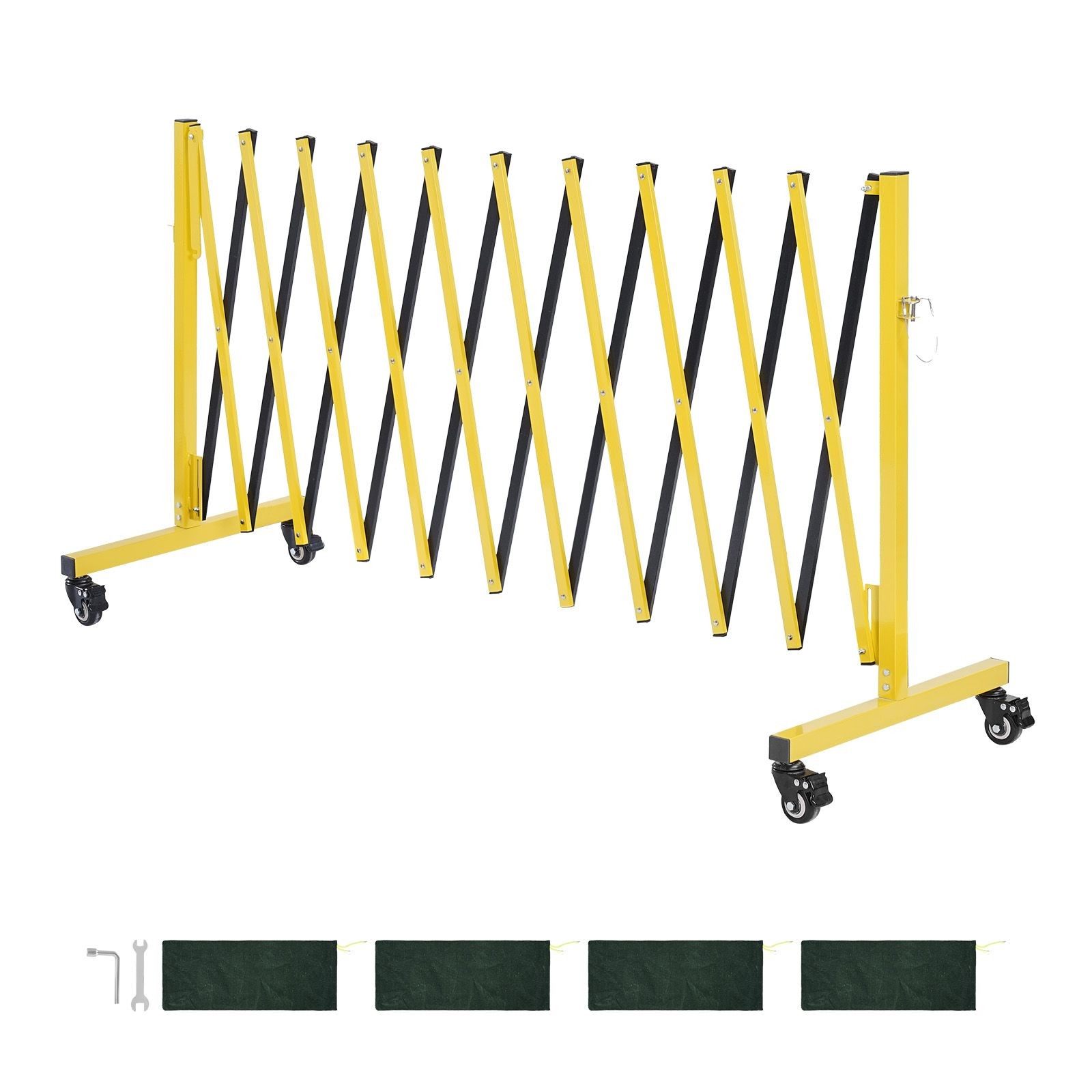 Aluminum & Iron Expandable Barricade 13ft, Locking Casters, Sandbags Included