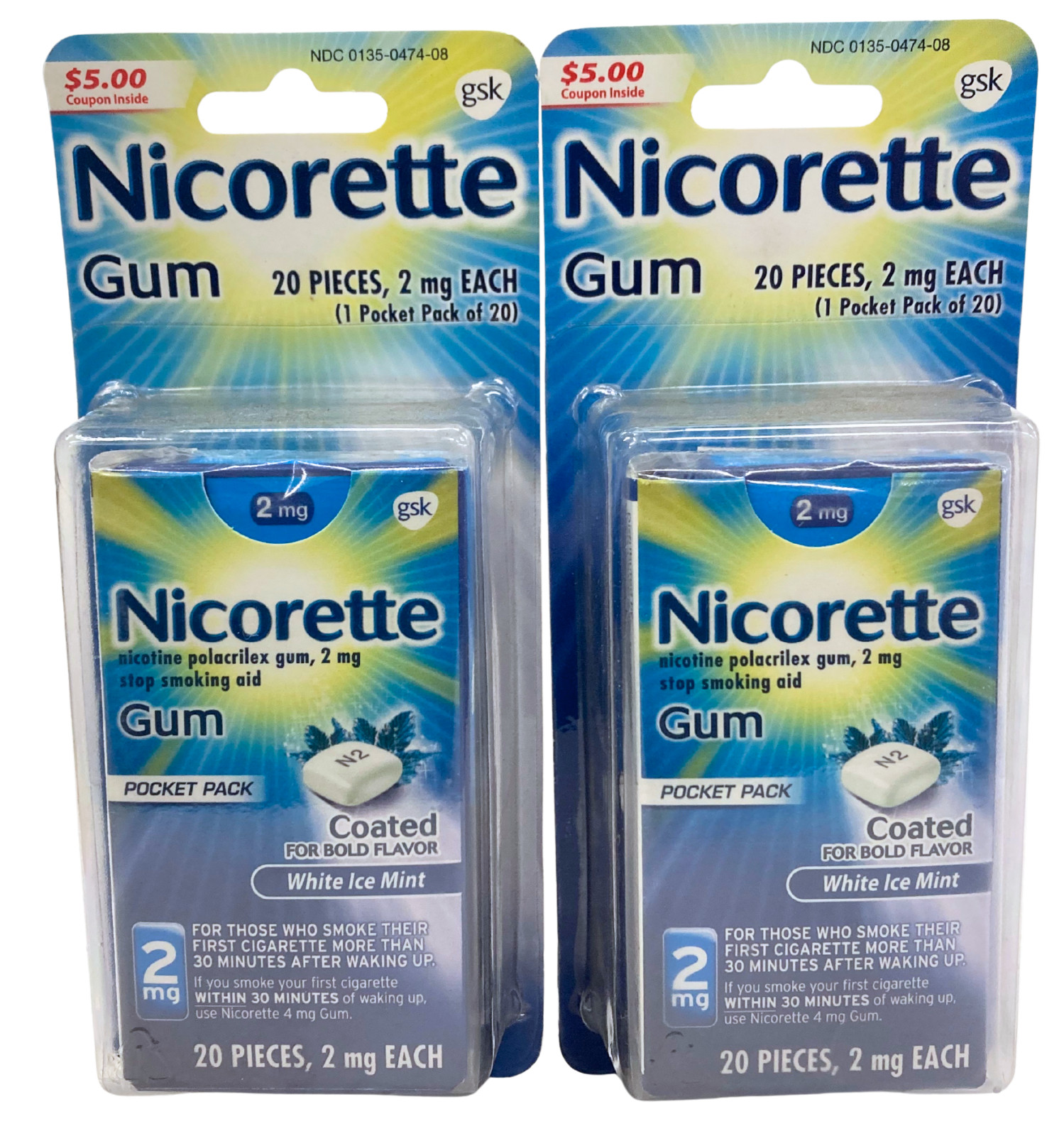 (Lot of 2) Nicorette Fruit Chill 2mg Gum 20 Pieces Each EXP 05/2026