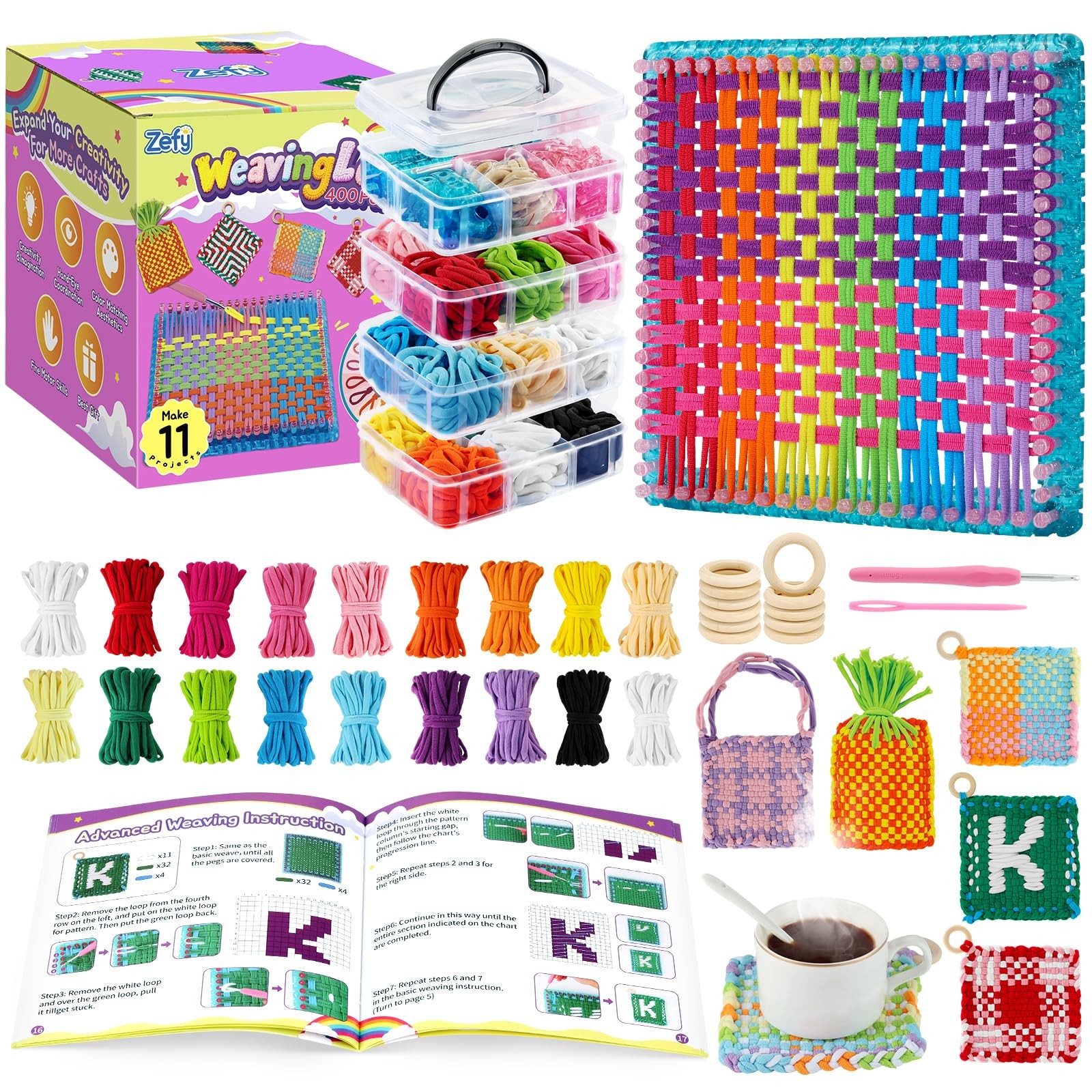400 PCS Weaving Loom Kit Toys 17 Colors Loops 11 PCS Wooden Rings Rainbow