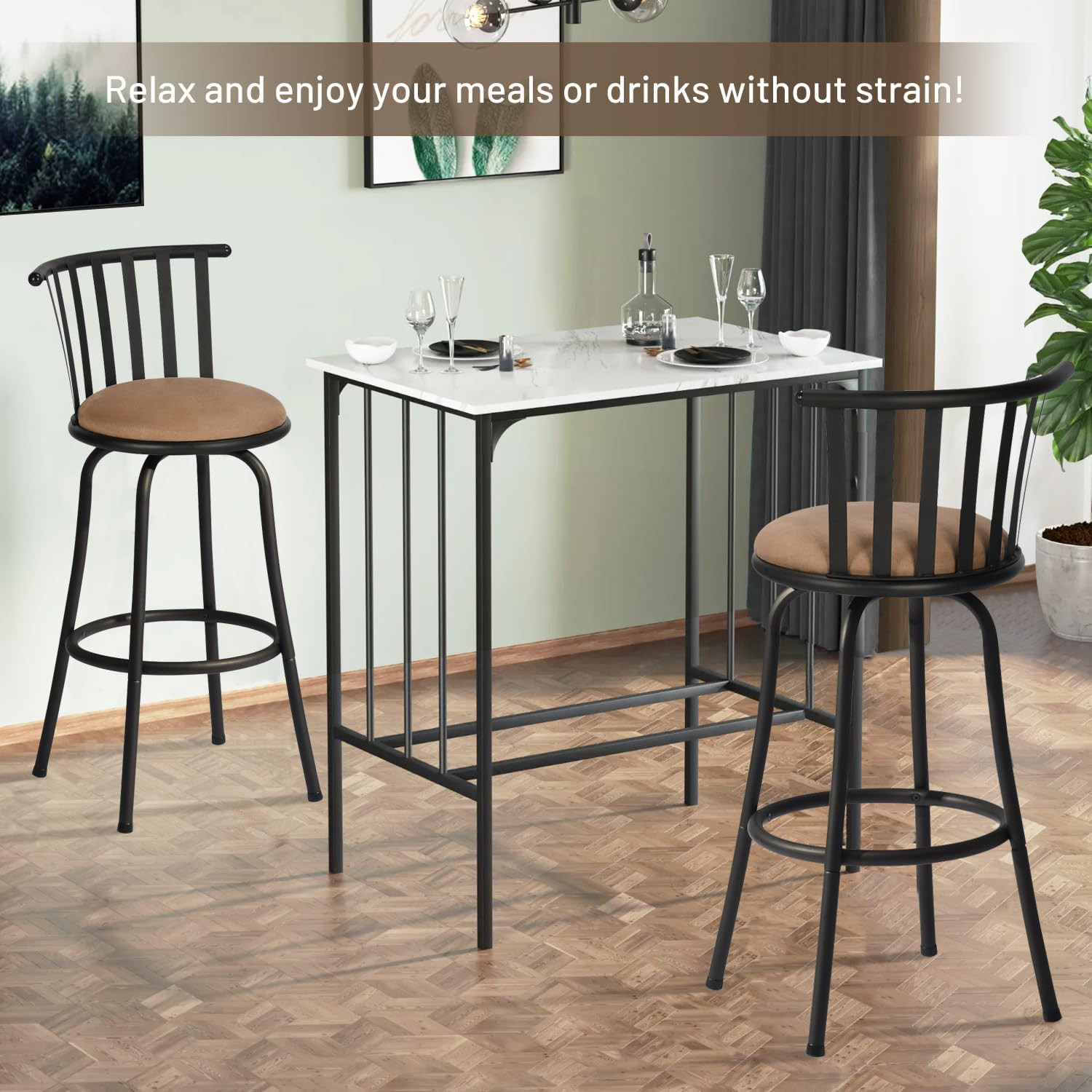 Classic Barstools Set of 3, Country Style Bar Chairs with Back and Footrest Swiv