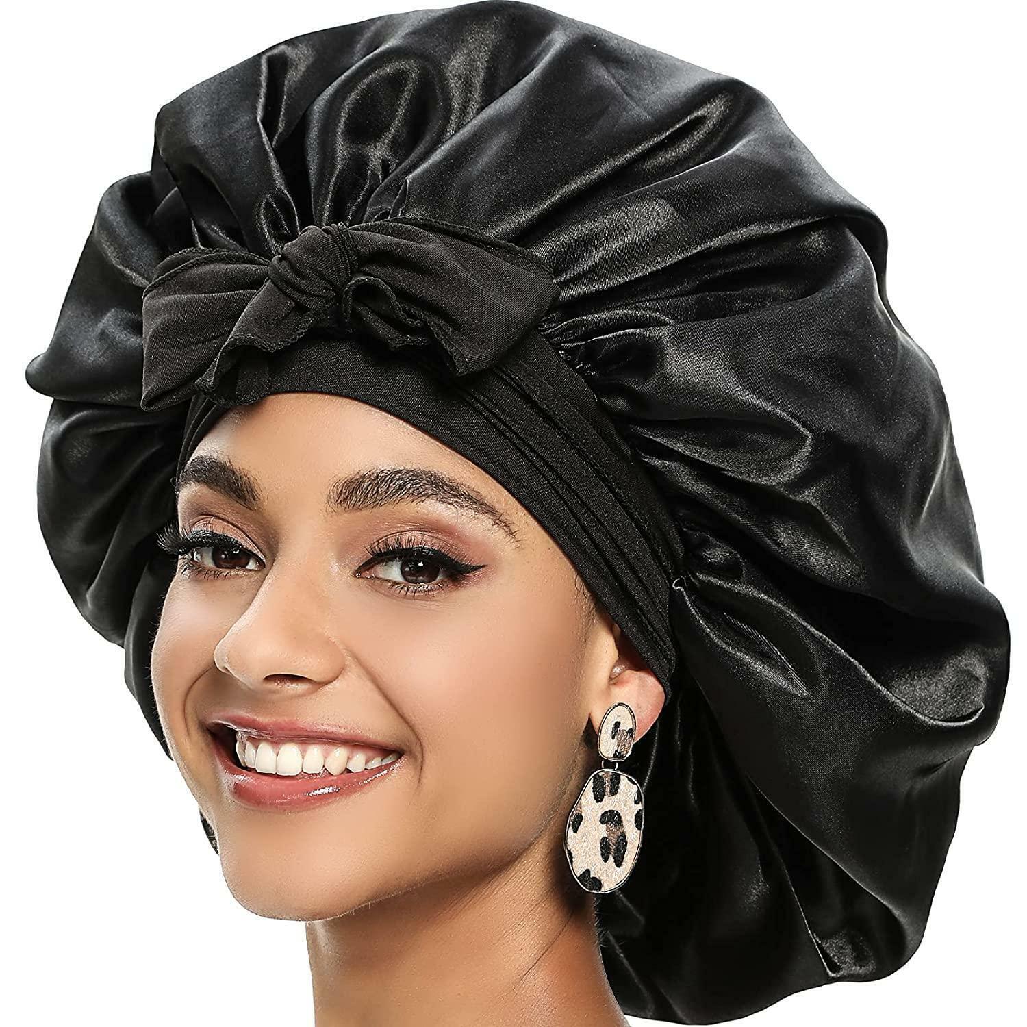 Silk Satin Women Night Sleep Cap Hair Bonnet Hat Head Cover Wide Band Large Size