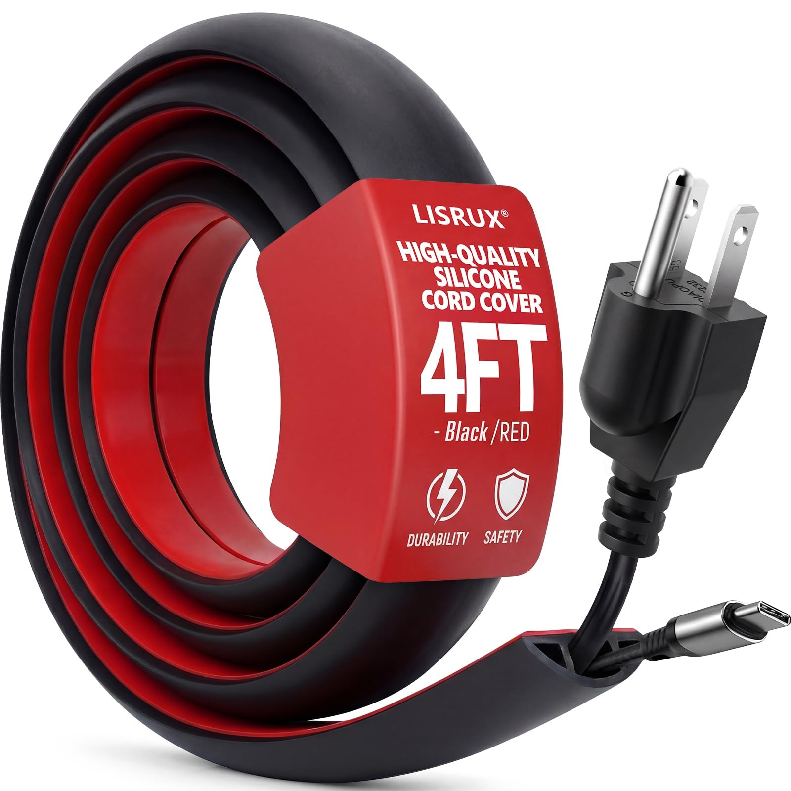 4FT Floor Cord Cover,Black Cable Protector,Self Adhesive Hide Extension Cords,Pr