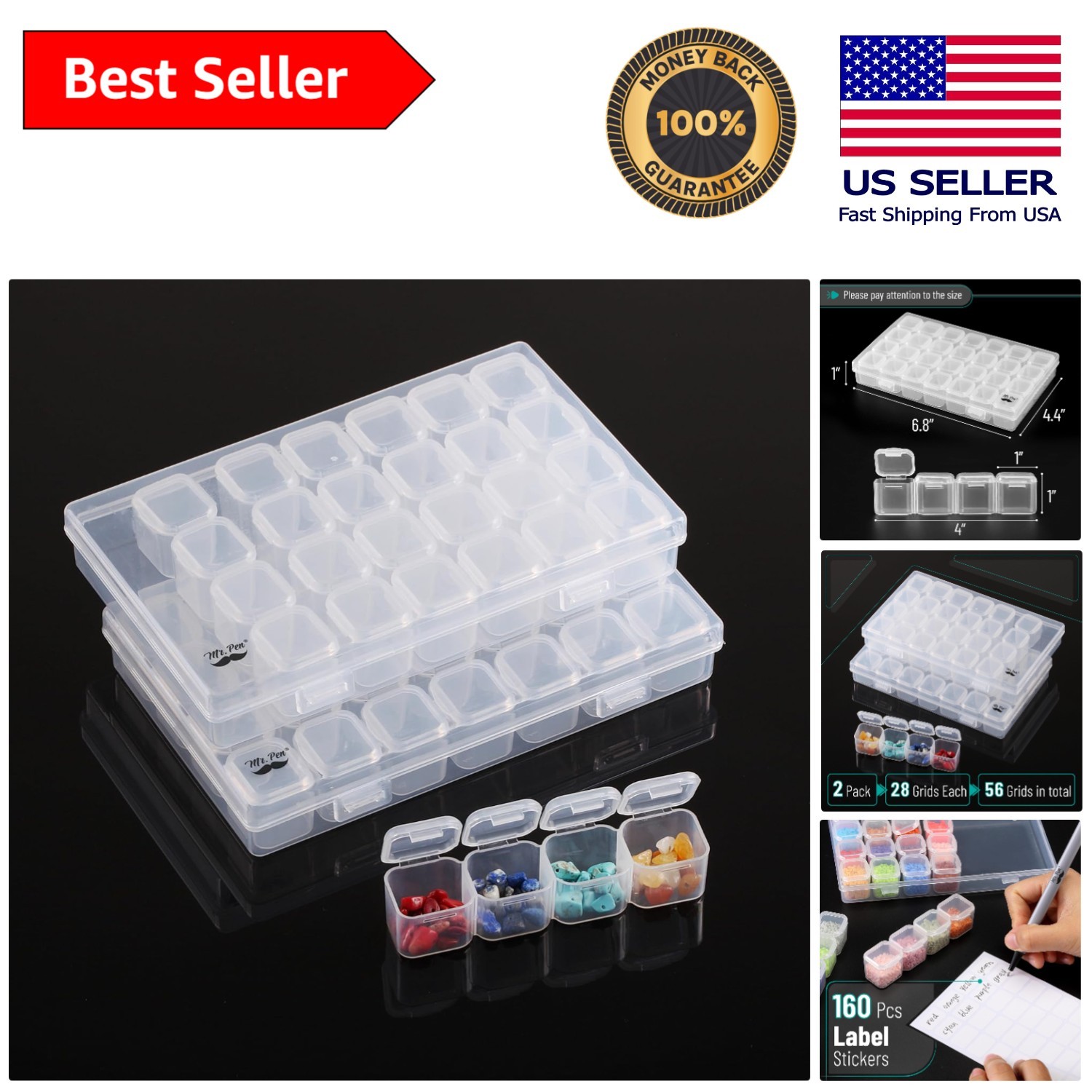Water-Resistant 28 Compartment Bead Storage Box - Transparent Design, 2 Pack