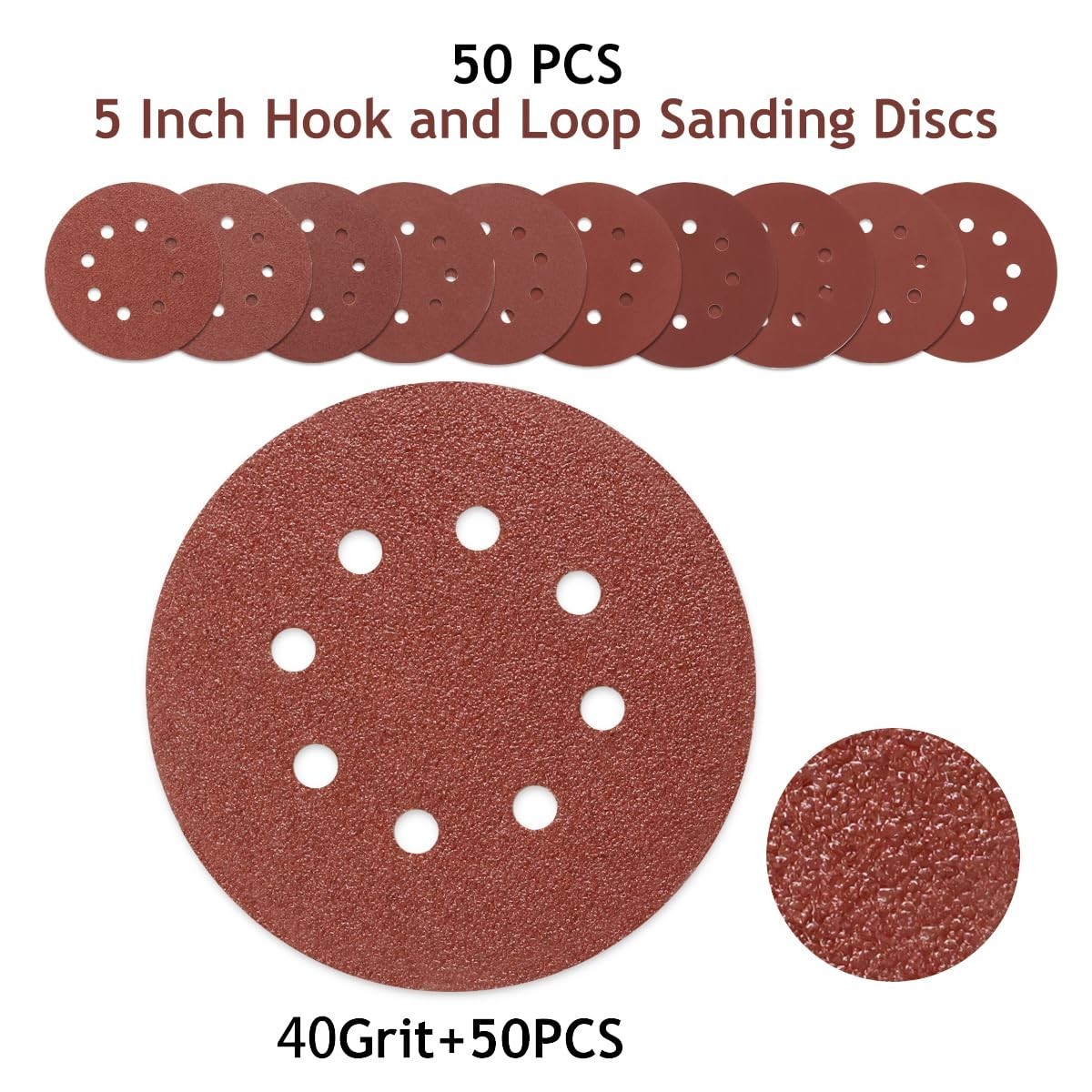 5 Inch 40 Grit Sanding Discs – 50 Hook and Loop options for All Surfaces