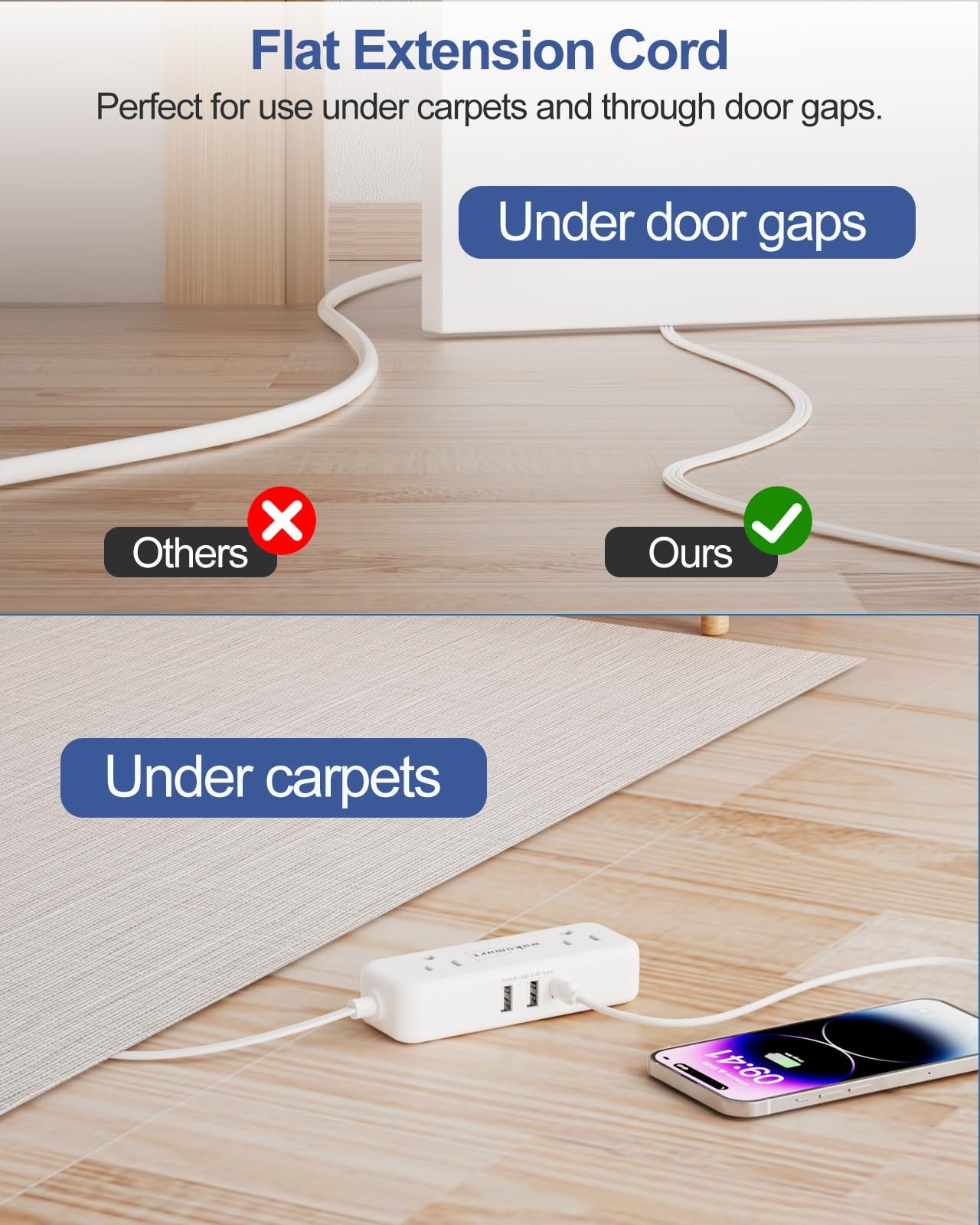 Flat Plug Power Strip - 5 Ft Thin Flat Extension Cord with 4 AC Outlets 3 USB...