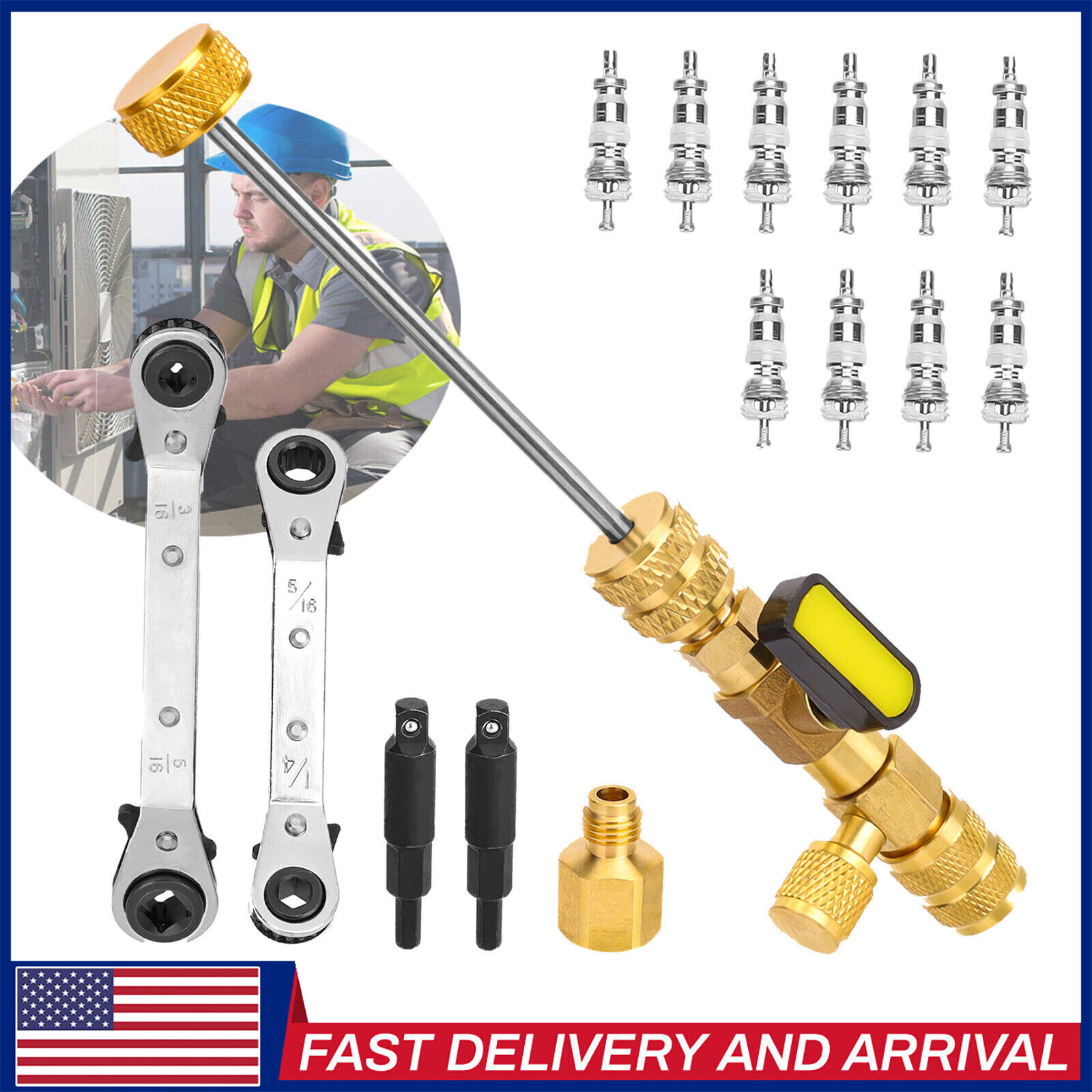 HVAC Wrench Tool AC Schrader Valve Core Remover Set 1/4 and 5/16 Port Installer