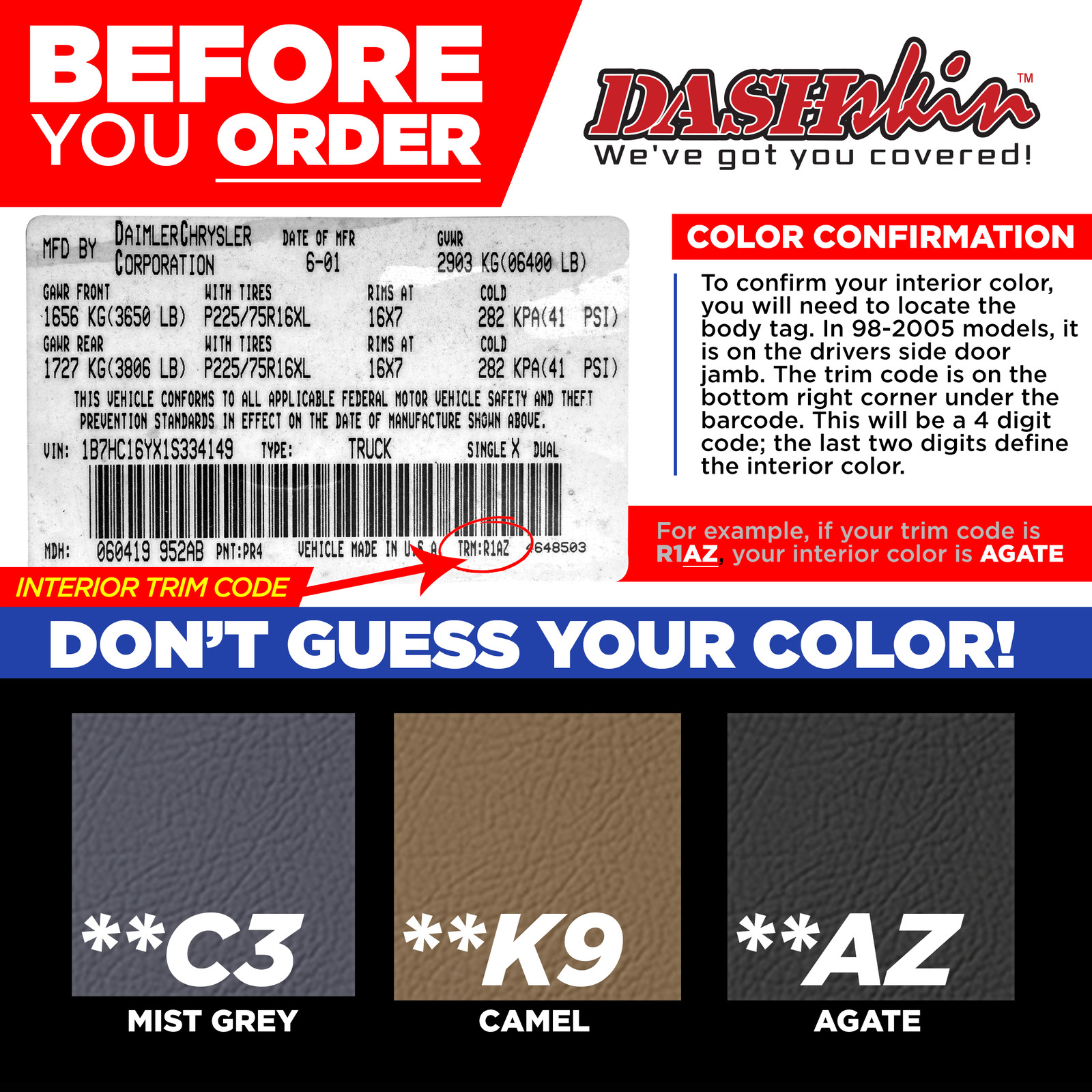 DashSkin Molded Dash Cover for 1998-2001 Dodge Ram in Mist Grey *C3
