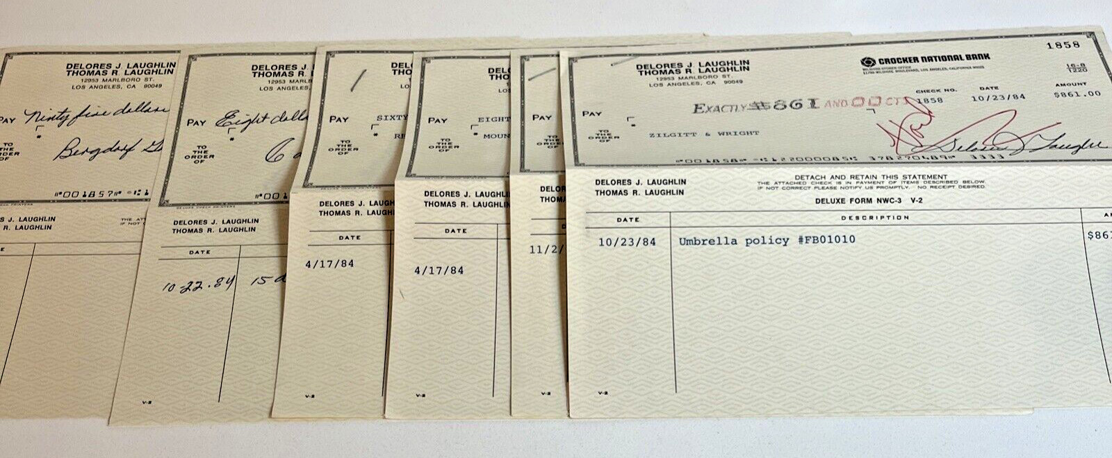 Tom Laughlin (Billy Jack) Delores Taylor- Signed- Voided Personal Checks 1984