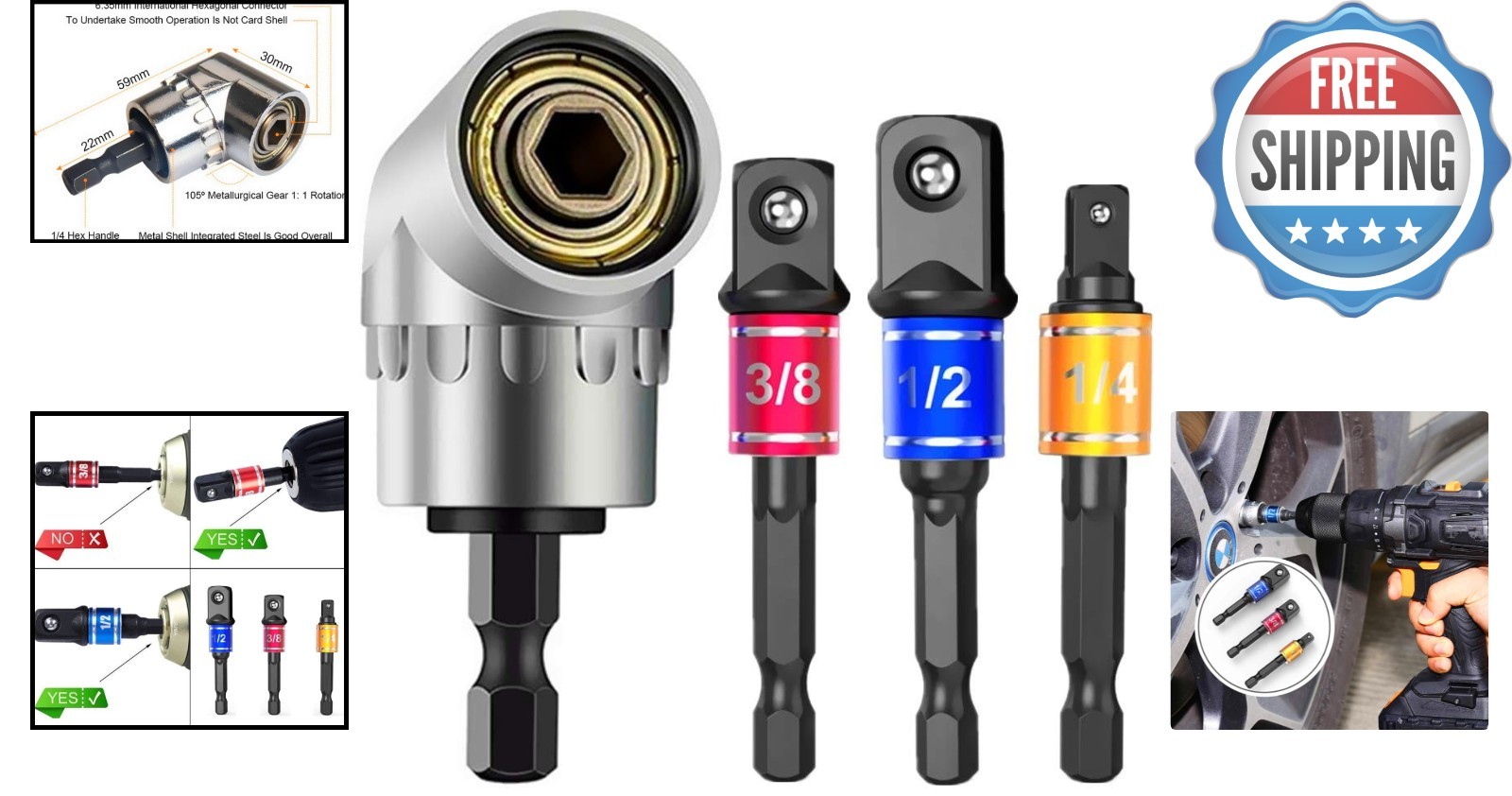 Durable Chrome Vanadium Hex Shank Adapter Set - 3 Pcs with Right Angle Extension