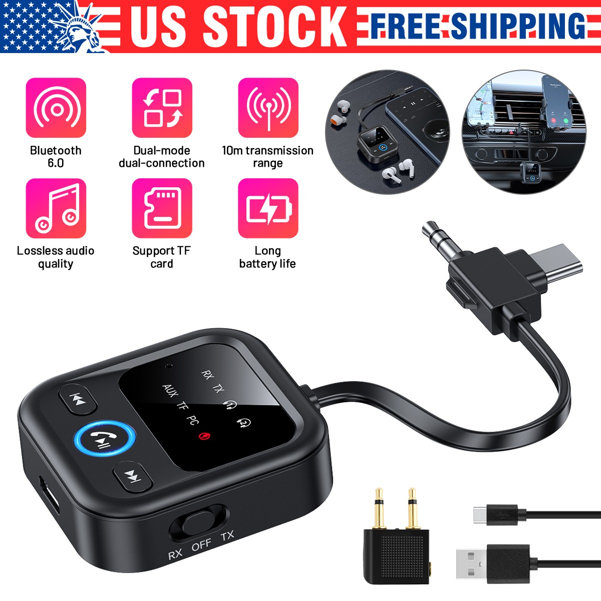 4IN1 Wireless Bluetooth 6.0 Transmitter Receiver Adapter 3.5mm Jack Aux / USB C