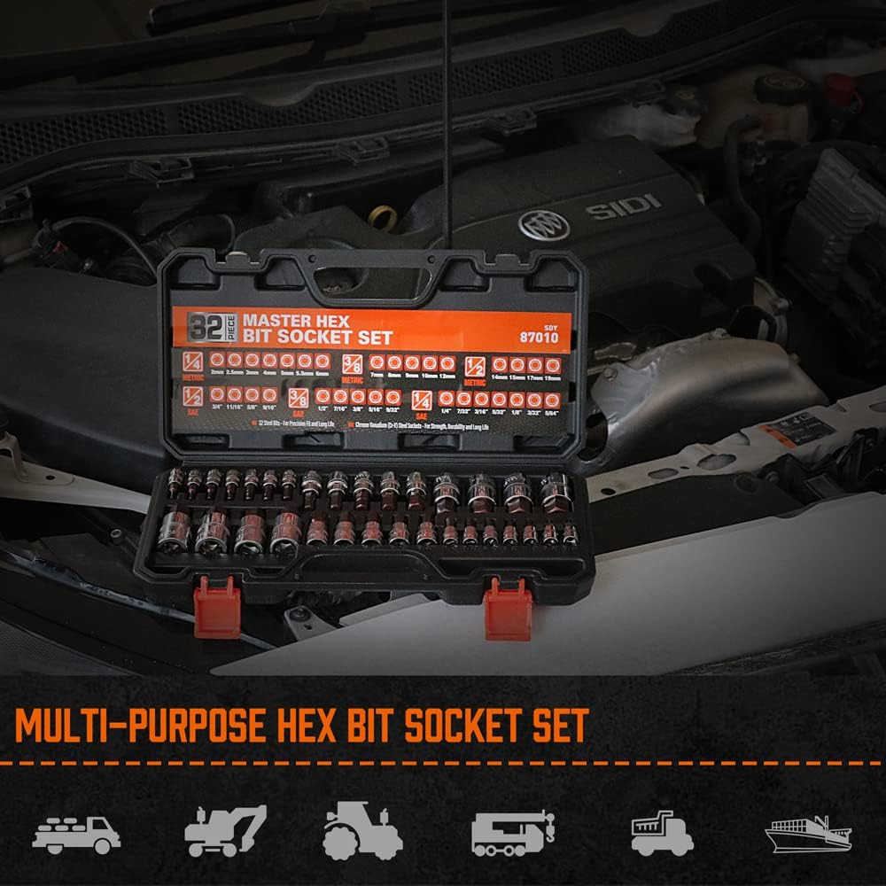High Torque Master Hex Bit Socket Set, 32-Piece SAE & Metric Allen Socket Set, P