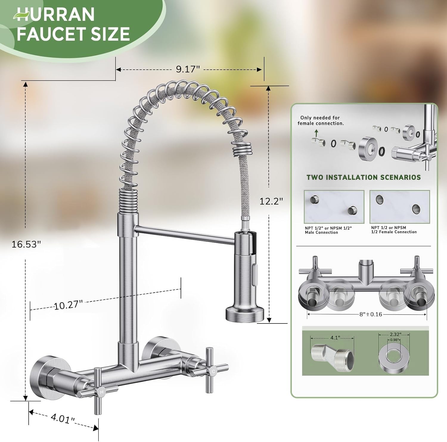 Commercial 8 Inch 2 Handle Wall Mount Kitchen Sink Faucet with Pull Down Sprayer
