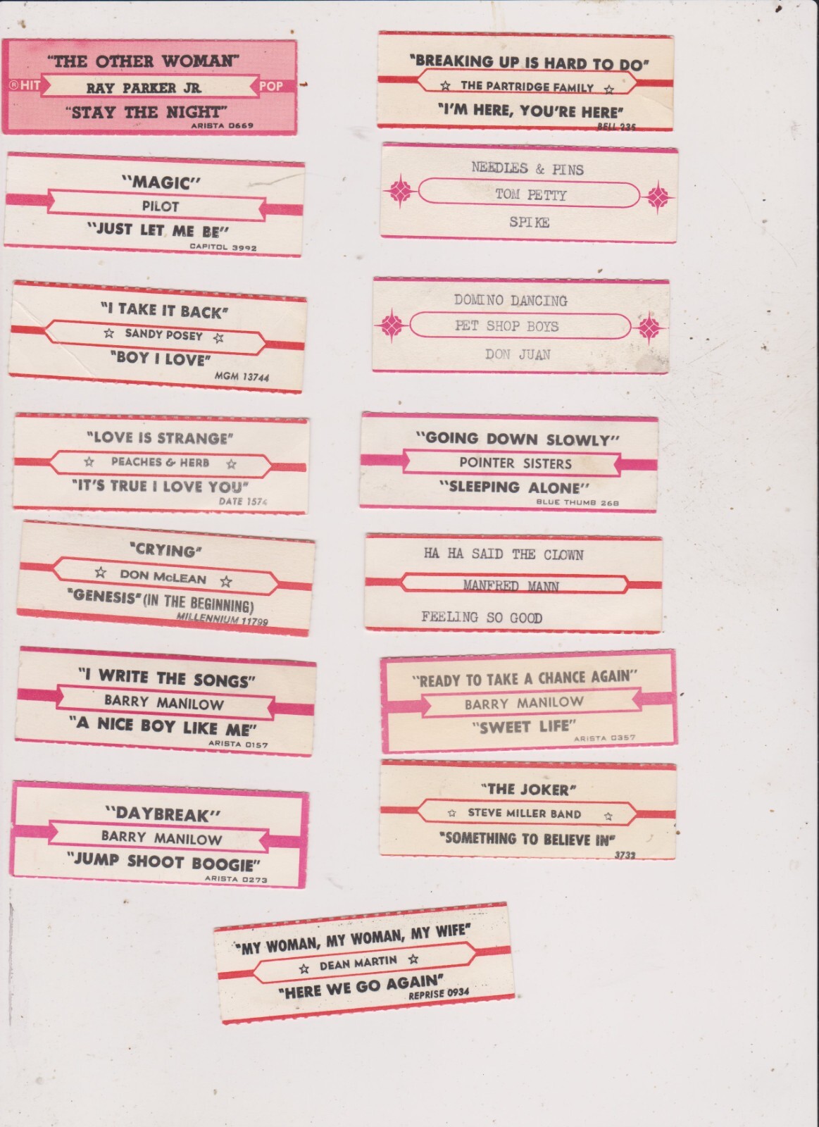 15 ROCK- JUKEBOX TITLE STRIPS LOT 13.FREE SHIPPING IN U S