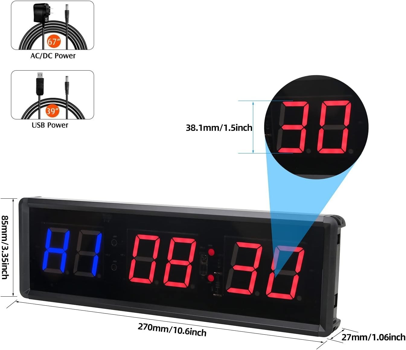 Gym Timer 1.5" LED Interval Timer Workout Timer Clock Stopwatch Timer Count D...