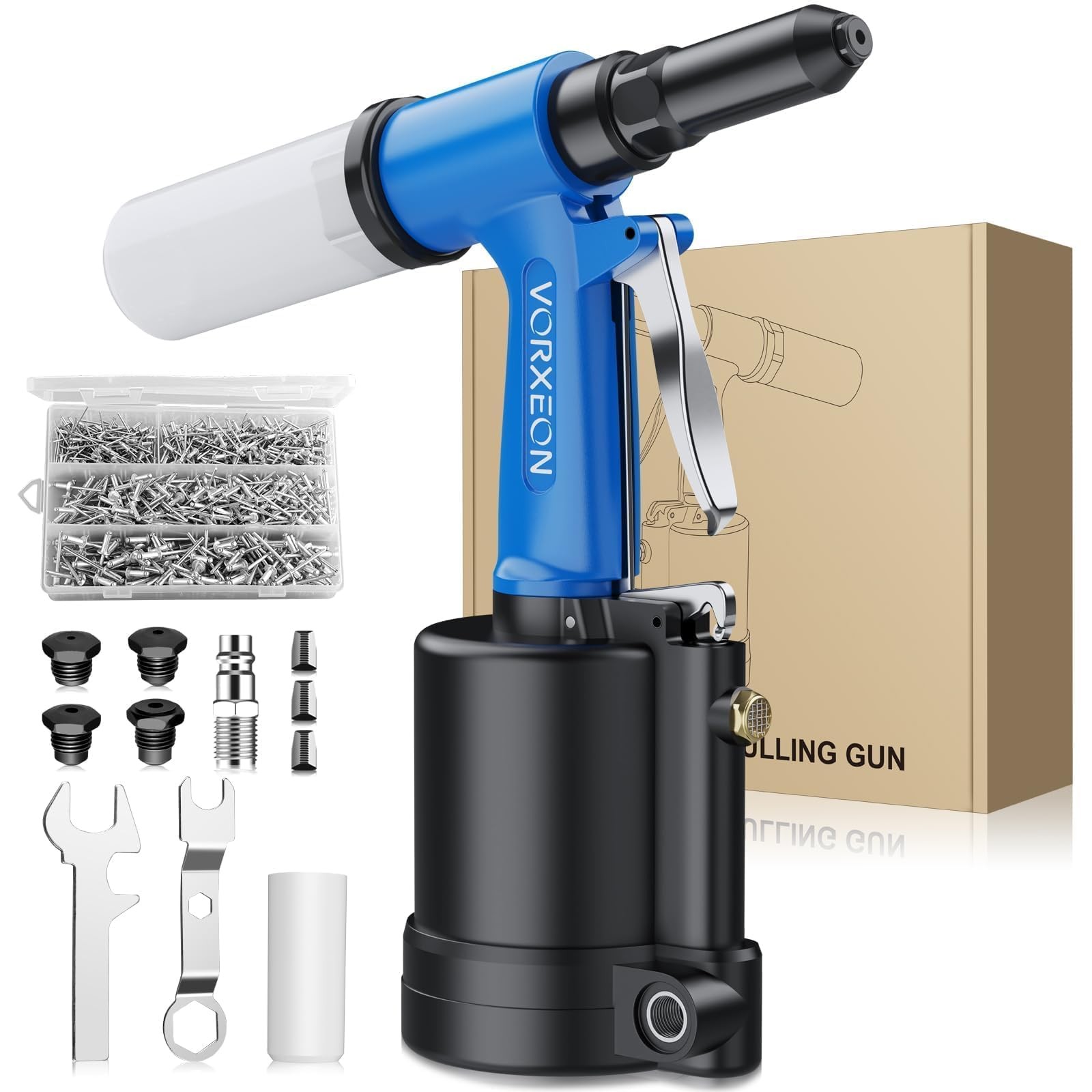 Blue Air Rivet Gun Kit, with 500 Aluminium Rivet Set, 4 Nozzles 2.4mm 3.2mm 4...